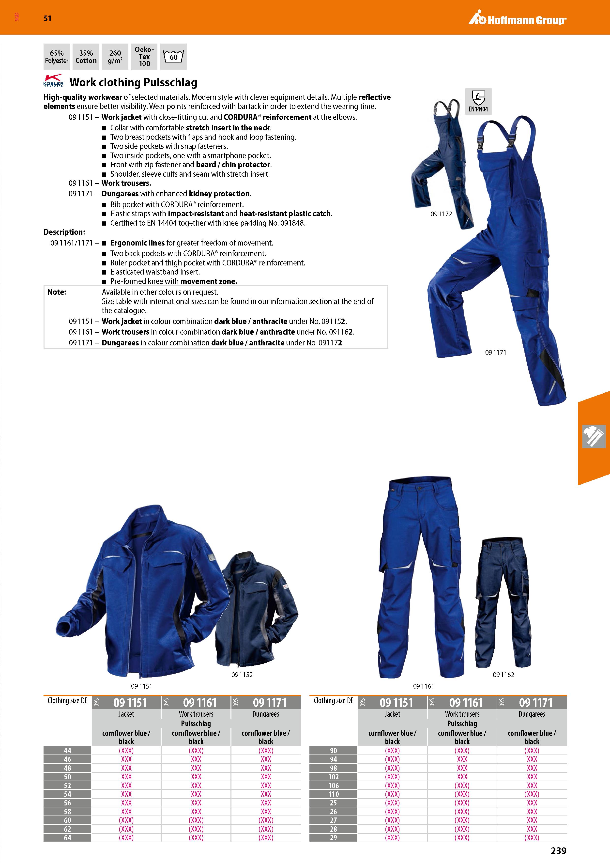 239 SGD Hoffmann Group 51 65% Polyester 35% Cotton 260 g/m2 Oeko- Tex 100 \jjTj KDBLER Work clothing Pulsschlag High-quality workwear of selected mat Каталог HOFFMANN GROUP 2020 Средства индивидуальной защиты органов зрения дыхания кожи СИЗ от поражения электрическим током шума Защитные перчатки Очки Специальная одежда Стр. 239