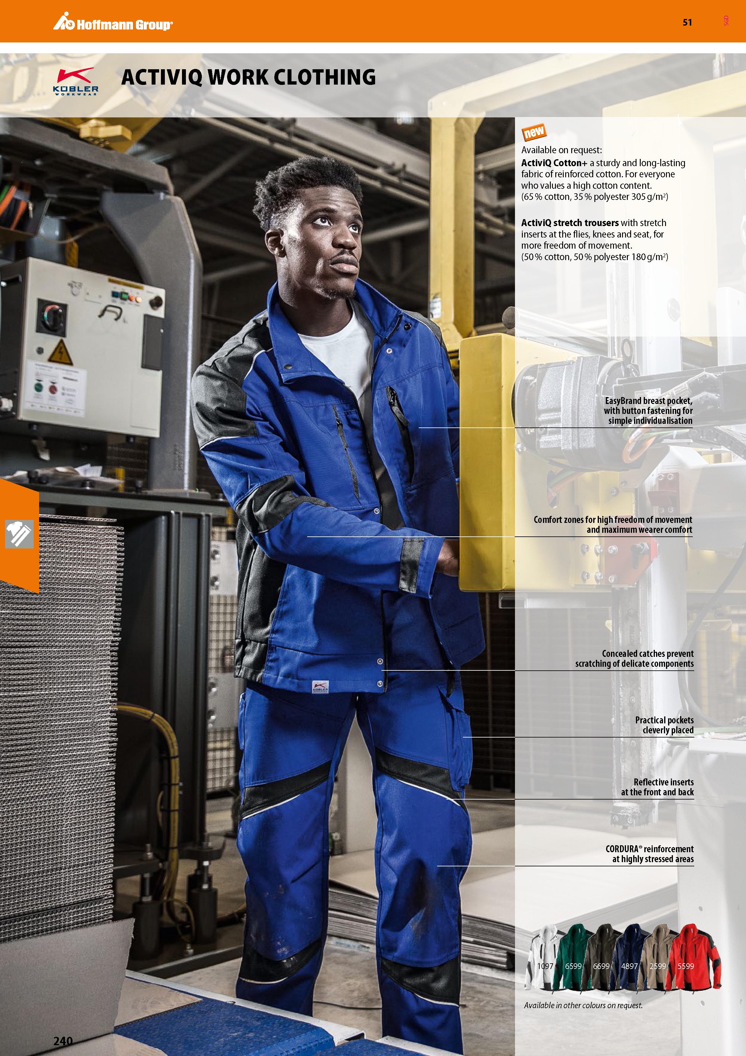 240 Hoffmann Group 51 ACTIVIQ WORK CLOTHING KLJBLER Available on request: ActiviQ Cotton+ a sturdy and long-lasting fabric of reinforced cotton For e Каталог HOFFMANN GROUP 2020 Средства индивидуальной защиты органов зрения дыхания кожи СИЗ от поражения электрическим током шума Защитные перчатки Очки Специальная одежда Стр. 240