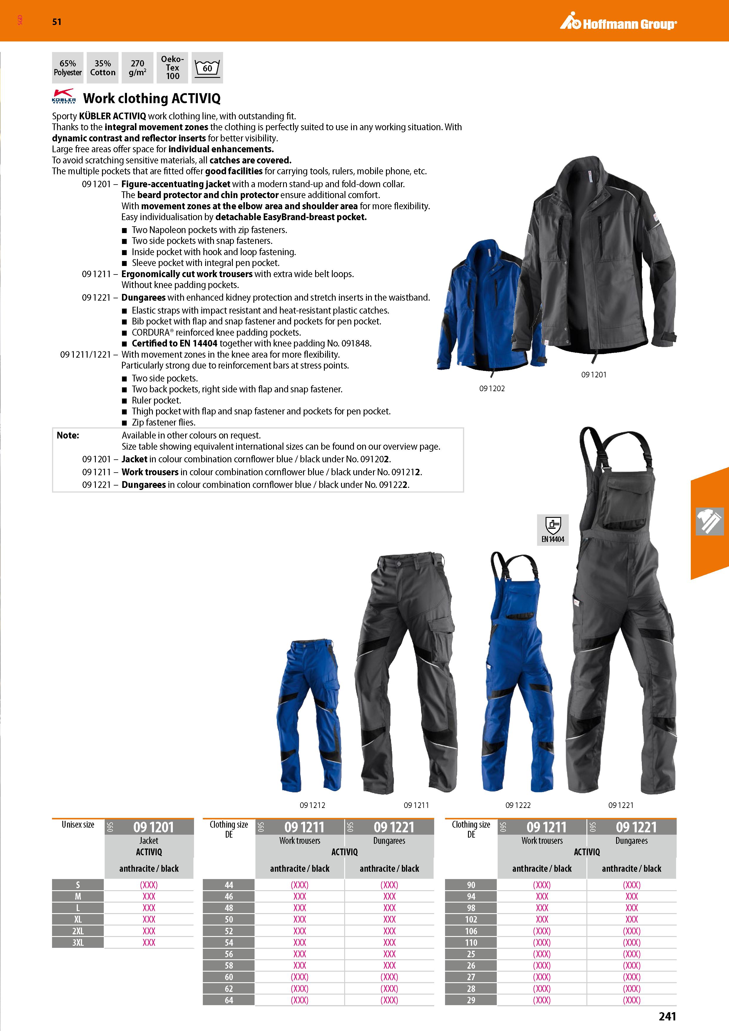241 SGD Hoffmann Group 51 65% 35% Polyester Cotton 270 g/m2 Oeko- Tex 100 KDBLER Work clothing ACTIVIQ Sporty KUBLER ACTIVIQ work clothing line, with Каталог HOFFMANN GROUP 2020 Средства индивидуальной защиты органов зрения дыхания кожи СИЗ от поражения электрическим током шума Защитные перчатки Очки Специальная одежда Стр. 241