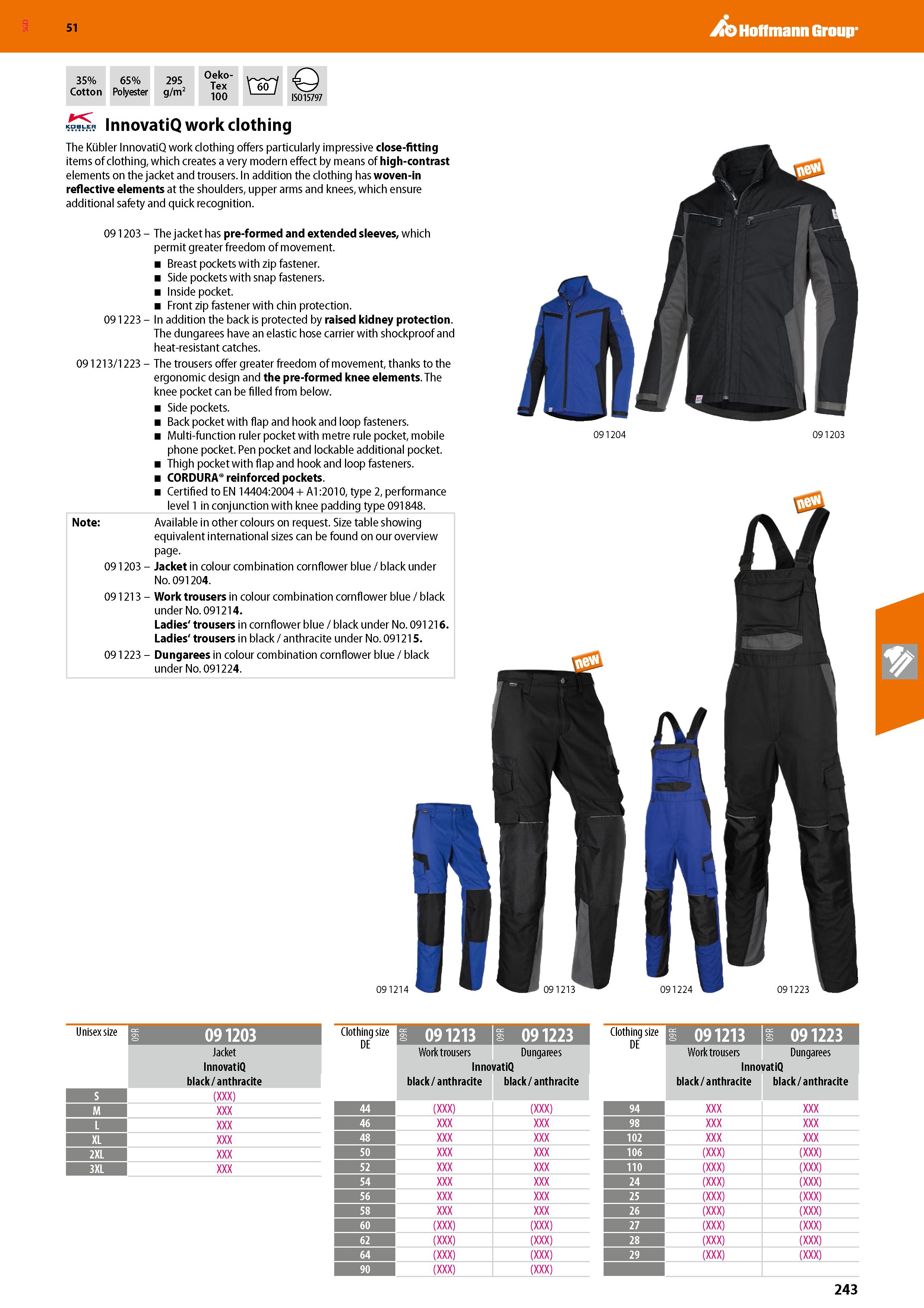 243 SGD Hoffmann Group 51 35% Cotton 65% Polyester 295 g/m2 Oeko- Tex 100 ram ISO 15797 KDBLER InnovatiQ work clothing The Kubler InnovatiQ work clot Каталог HOFFMANN GROUP 2020 Средства индивидуальной защиты органов зрения дыхания кожи СИЗ от поражения электрическим током шума Защитные перчатки Очки Специальная одежда Стр. 243