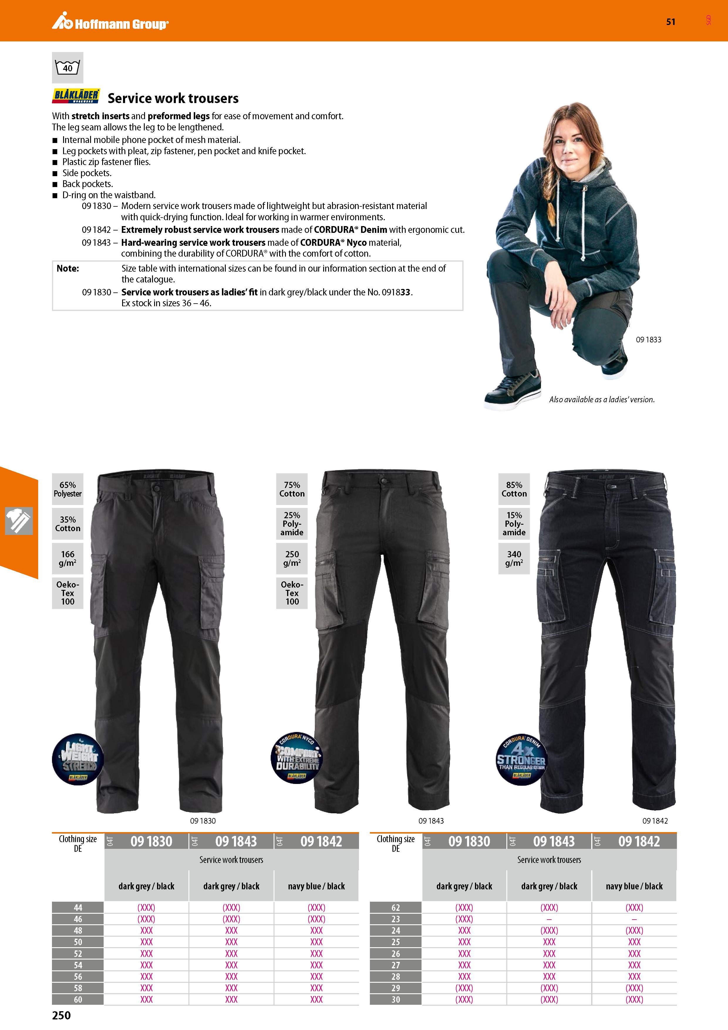 250 Hoffmann Group 51 Xjnj blAkiader Service work trousers With stretch inserts and preformed legs for ease of movement and comfort The leg seam allo Каталог HOFFMANN GROUP 2020 Средства индивидуальной защиты органов зрения дыхания кожи СИЗ от поражения электрическим током шума Защитные перчатки Очки Специальная одежда Стр. 250