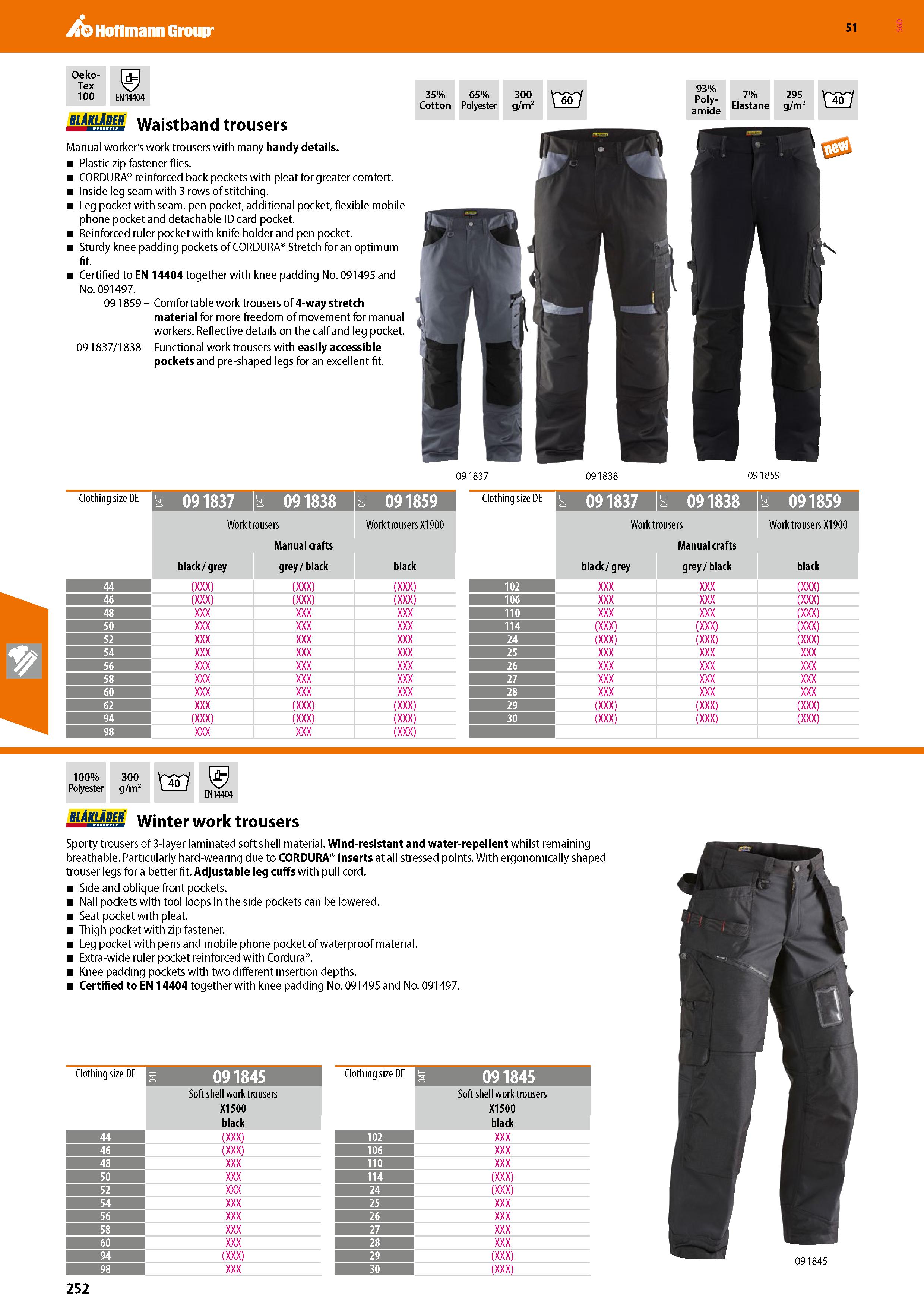 252 Hoffmann Group 51 Oeko- Tex 100 EN14404 blAklaber Waistband trousers Manual worker's work trousers with many handy details Plastic zip fastener f Каталог HOFFMANN GROUP 2020 Средства индивидуальной защиты органов зрения дыхания кожи СИЗ от поражения электрическим током шума Защитные перчатки Очки Специальная одежда Стр. 252