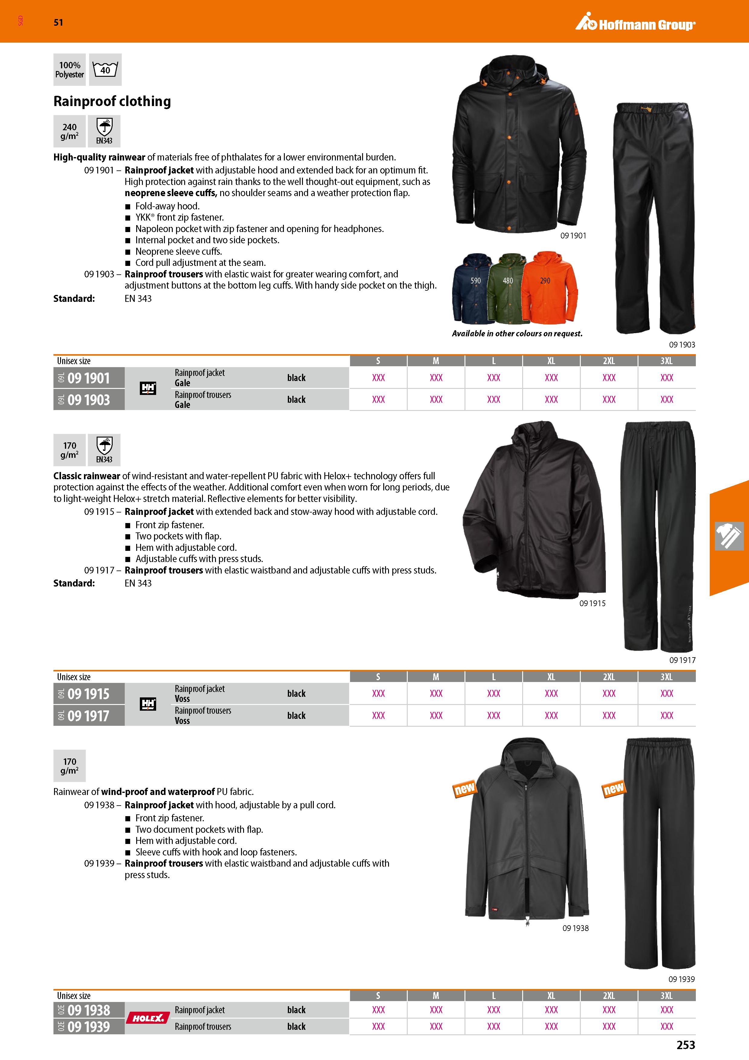253 SGD Hoffmann Group 51 100% Polyester \ 40 I Rainproof clothing 240 SJ g/m2 N/ EN343 High-quality rainwear of materials free of phthalates for a l Каталог HOFFMANN GROUP 2020 Средства индивидуальной защиты органов зрения дыхания кожи СИЗ от поражения электрическим током шума Защитные перчатки Очки Специальная одежда Стр. 253