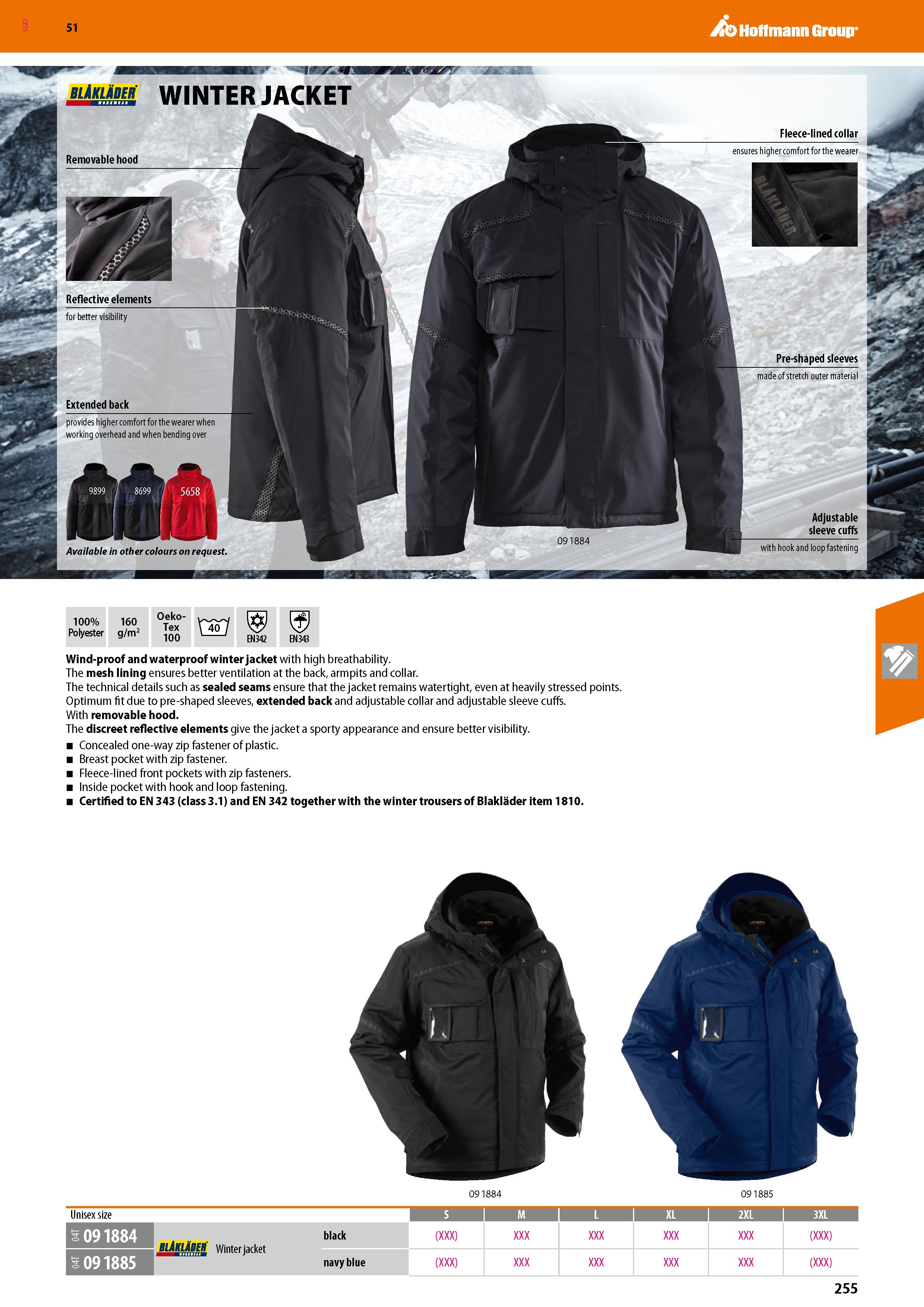 255 Hoffmann Group 51 wr blAklader WINTER JACKET 100% Polyester 160 g/m2 Oeko- Tex 100 EN342 EN 343 Wind-proof and waterproof winter jacket with high Каталог HOFFMANN GROUP 2020 Средства индивидуальной защиты органов зрения дыхания кожи СИЗ от поражения электрическим током шума Защитные перчатки Очки Специальная одежда Стр. 255