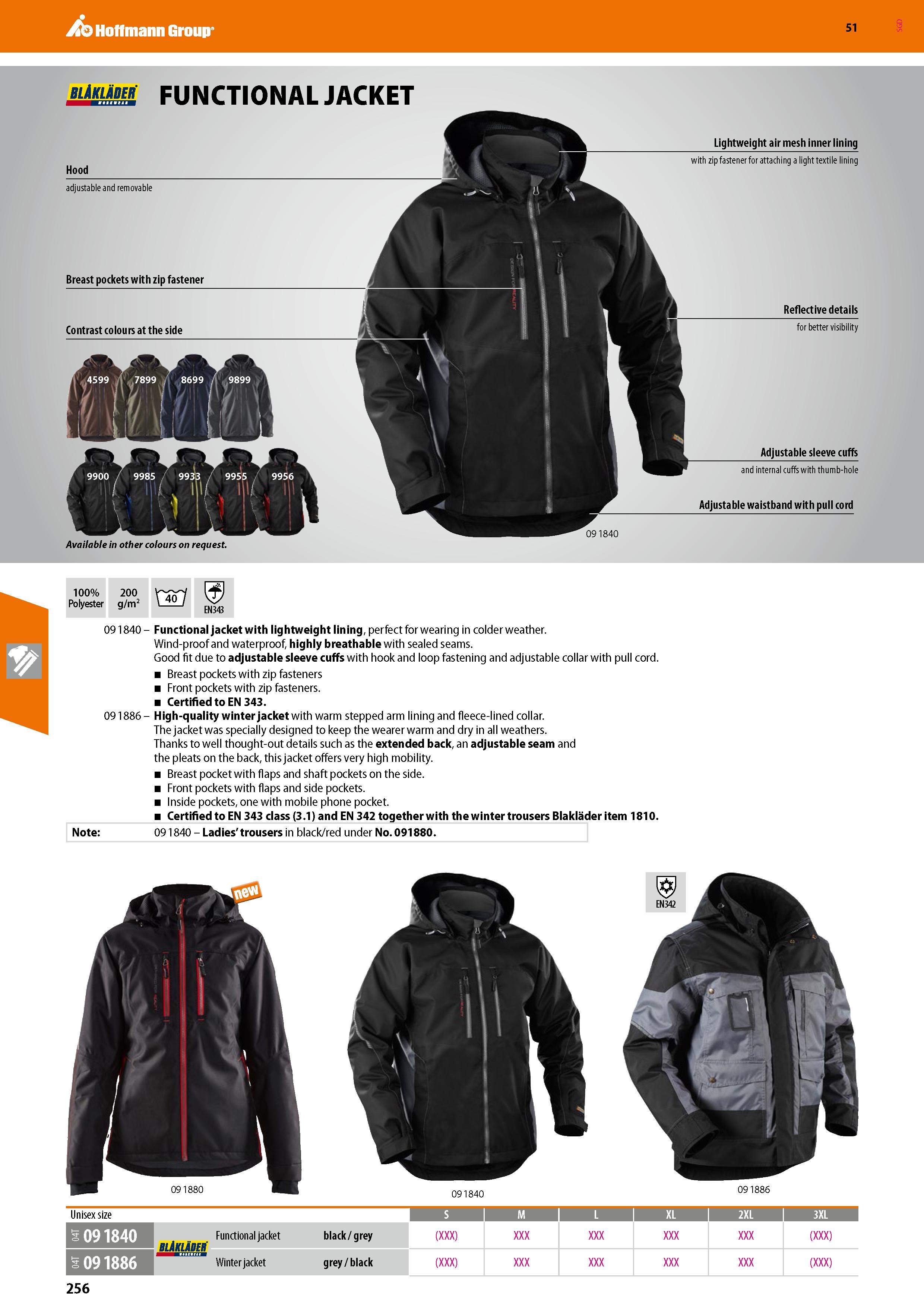 256 Hoffmann Group 51 blAklabeb FUNCTIONAL JACKET Hood adjustable and removable Breast pockets with zip fastener Contrast colours at the side Availab Каталог HOFFMANN GROUP 2020 Средства индивидуальной защиты органов зрения дыхания кожи СИЗ от поражения электрическим током шума Защитные перчатки Очки Специальная одежда Стр. 256