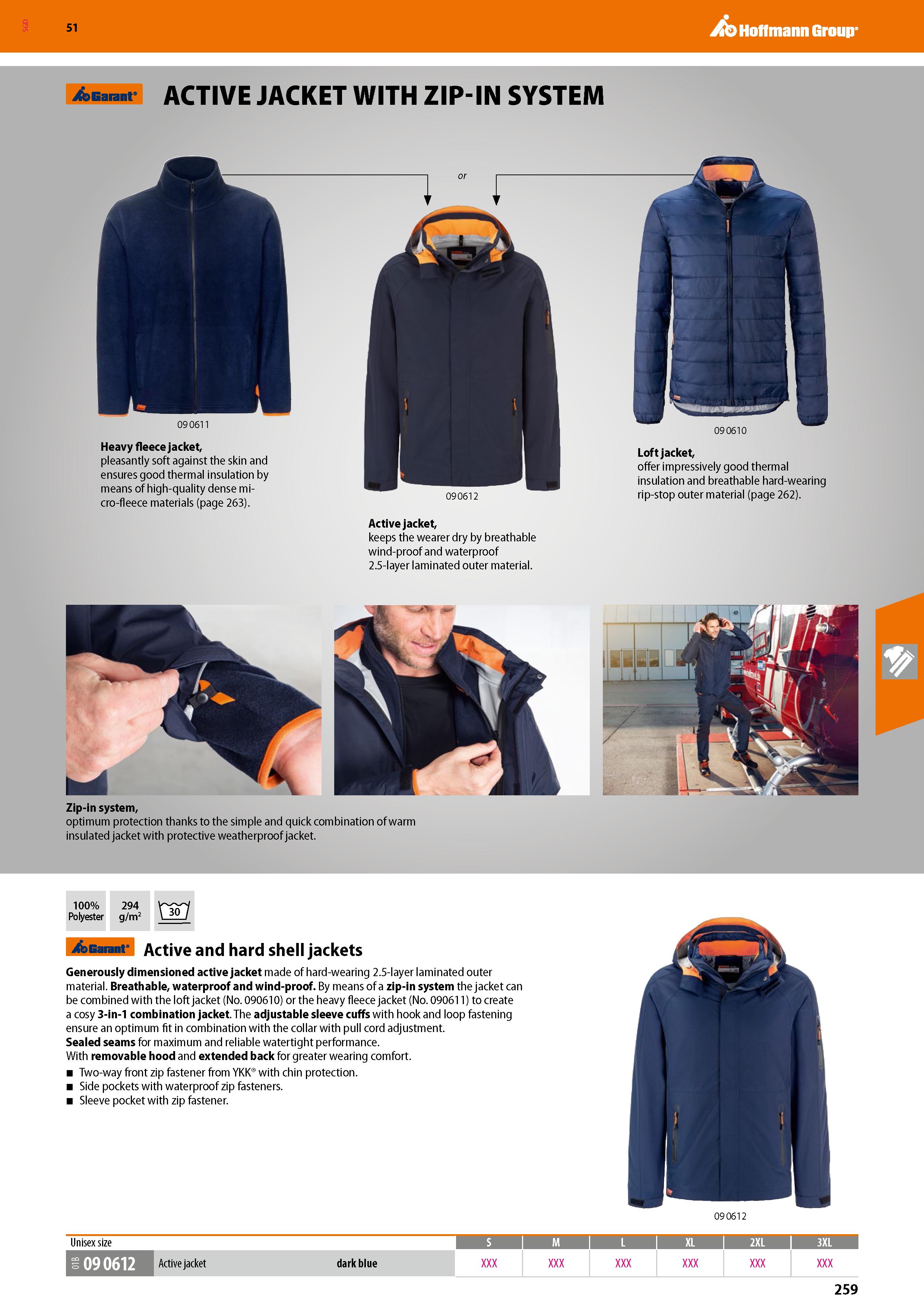259 SGD Hoffmann Group 51 jfeGaranr ACTIVE JACKET WITH ZIP-IN SYSTEM Heavy fleece jacket, pleasantly soft against the skin and ensures good thermal i Каталог HOFFMANN GROUP 2020 Средства индивидуальной защиты органов зрения дыхания кожи СИЗ от поражения электрическим током шума Защитные перчатки Очки Специальная одежда Стр. 259
