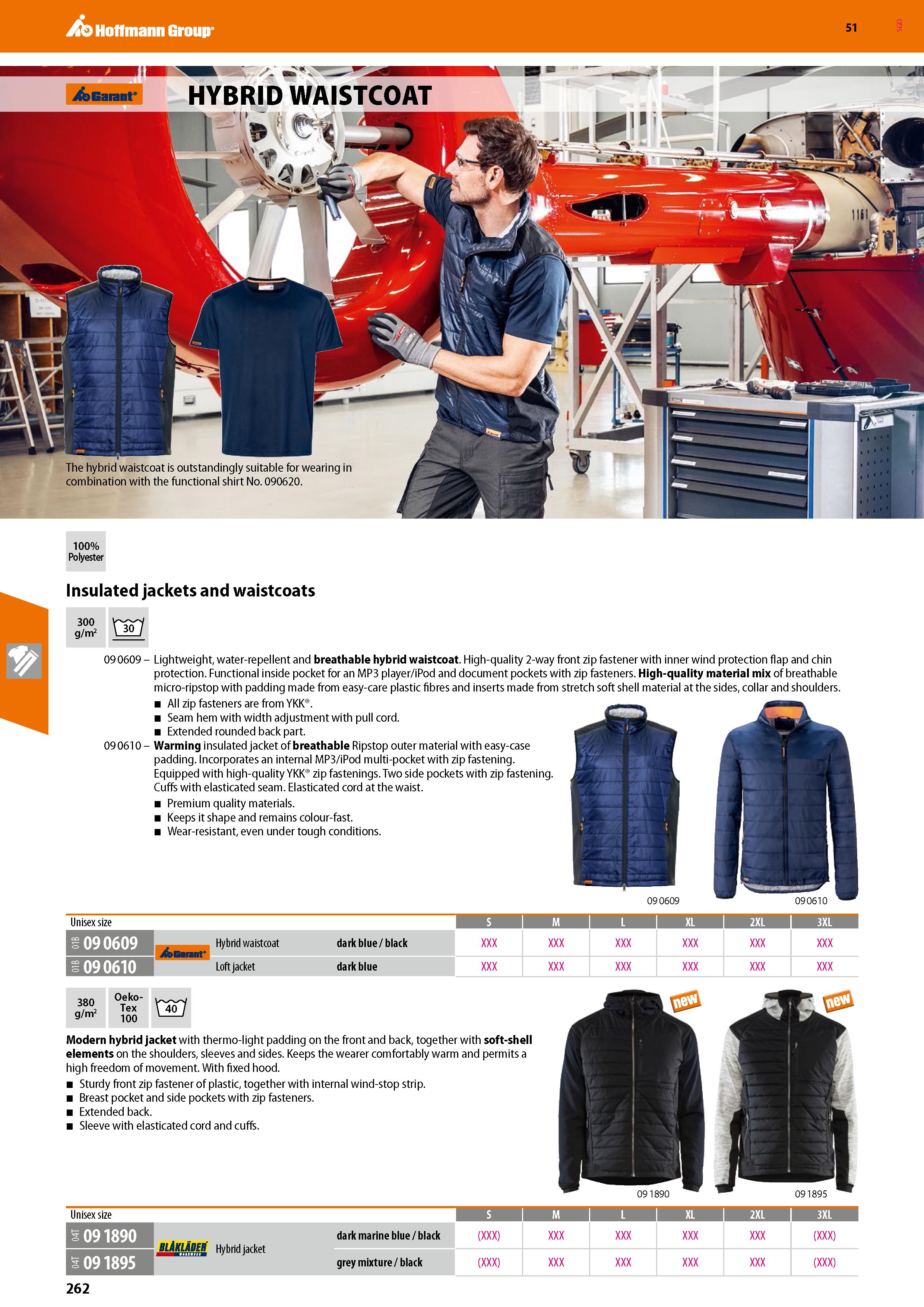 262 Hoffmann Group 51 100% Polyester Insulated jackets and waistcoats 09 0609 - Lightweight, water-repellent and breathable hybrid waistcoat High-qua Каталог HOFFMANN GROUP 2020 Средства индивидуальной защиты органов зрения дыхания кожи СИЗ от поражения электрическим током шума Защитные перчатки Очки Специальная одежда Стр. 262