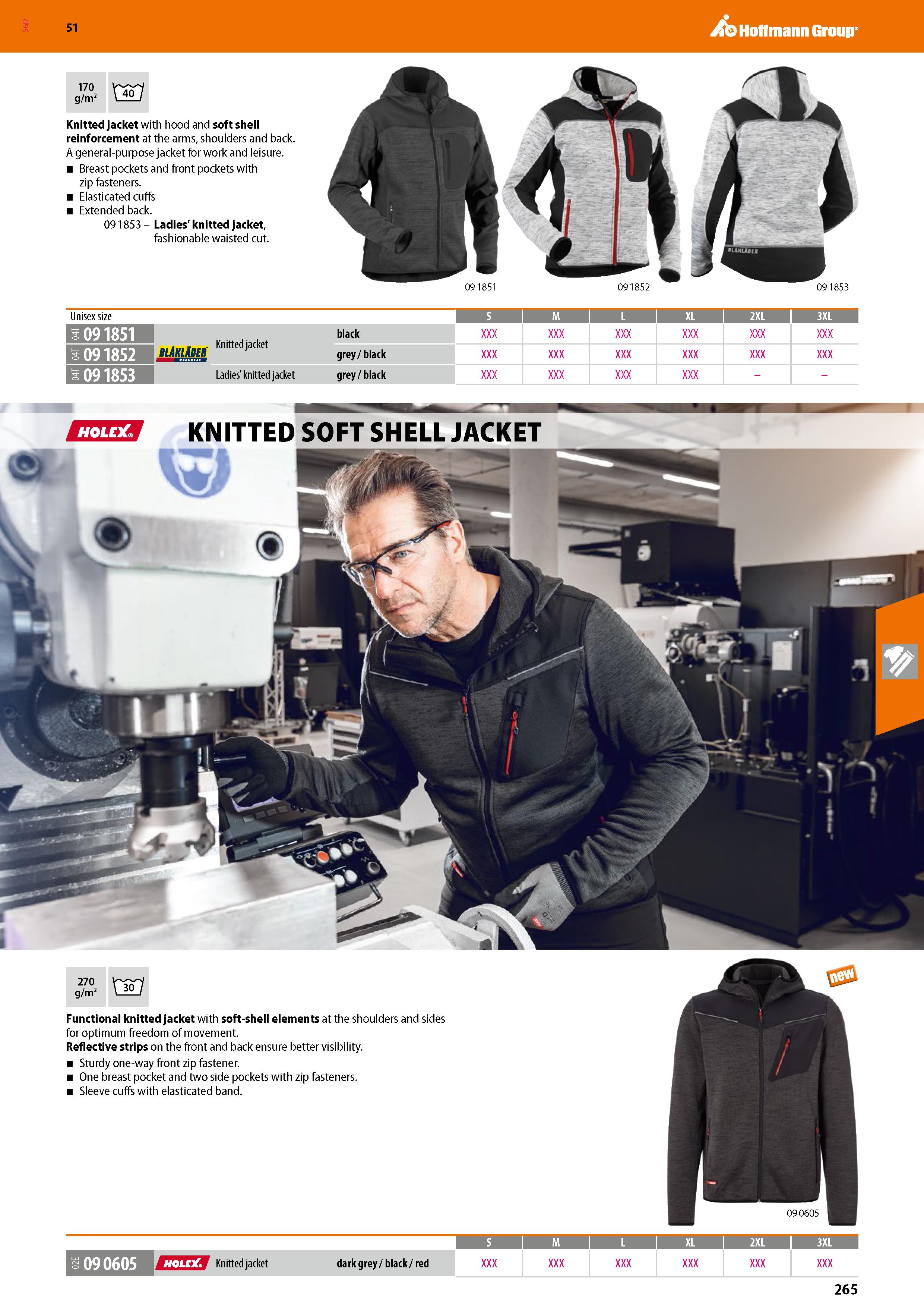 265 Hoffmann Group 51 Knitted jacket with hood and soft shell reinforcement at the arms, shoulders and back A general-purpose jacket for work and lei Каталог HOFFMANN GROUP 2020 Средства индивидуальной защиты органов зрения дыхания кожи СИЗ от поражения электрическим током шума Защитные перчатки Очки Специальная одежда Стр. 265