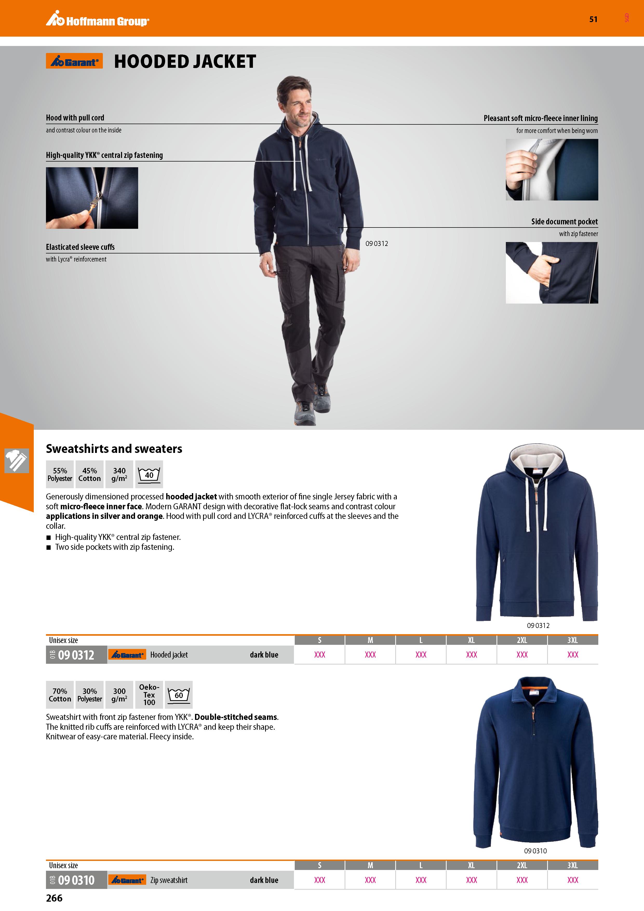 266 Hoffmann Group 51 Gaiant HOODED JACKET Hood with pull cord and contrast colour on the inside High-quality YKK central zip fastening Elasticated s Каталог HOFFMANN GROUP 2020 Средства индивидуальной защиты органов зрения дыхания кожи СИЗ от поражения электрическим током шума Защитные перчатки Очки Специальная одежда Стр. 266
