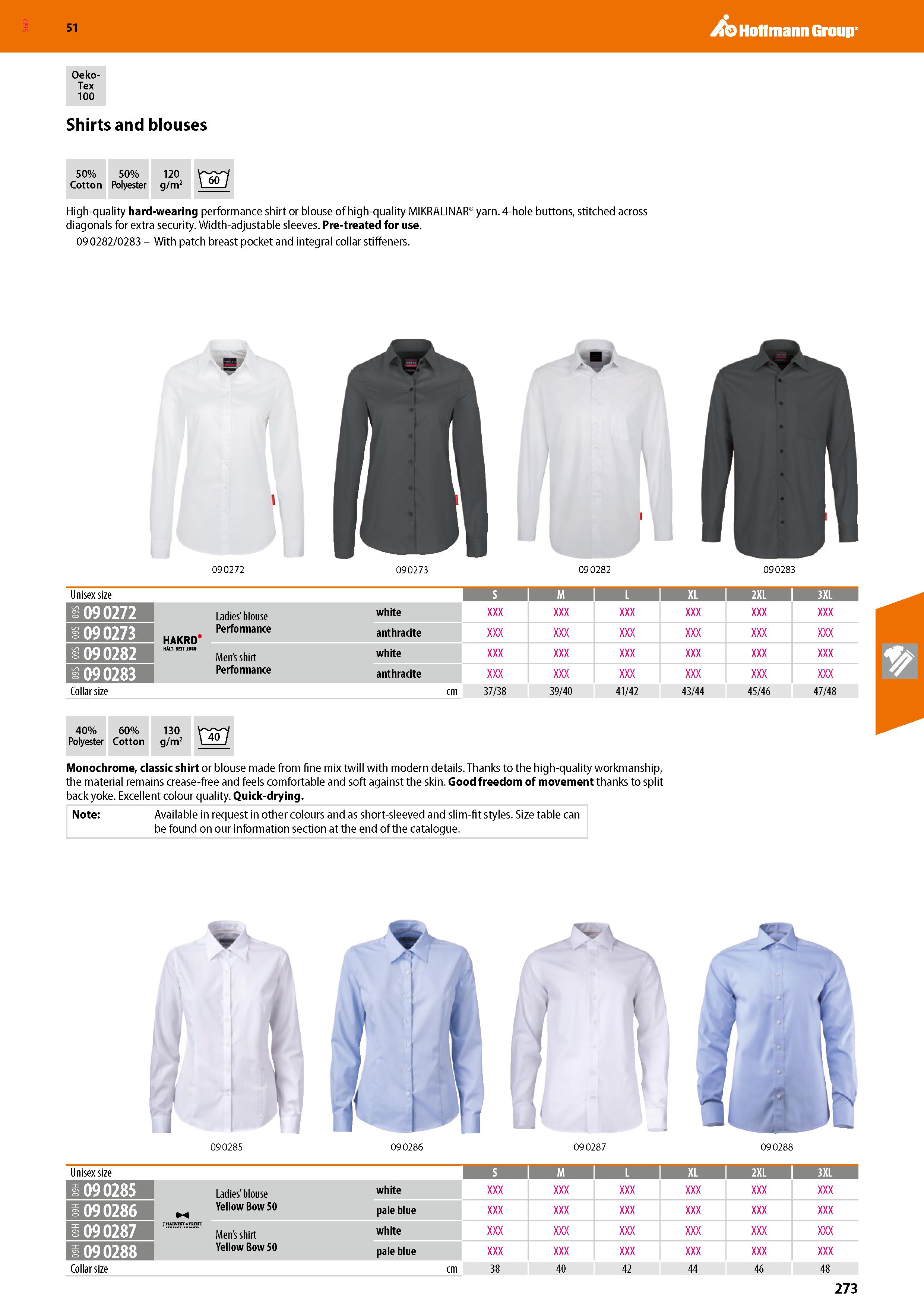 273 SGD Hoffmann Group 51 Oeko- Tex 100 Shirts and blouses 50% 50% Cotton Polyester 120 g/m2 High-quality hard-wearing performance shirt or blouse of Каталог HOFFMANN GROUP 2020 Средства индивидуальной защиты органов зрения дыхания кожи СИЗ от поражения электрическим током шума Защитные перчатки Очки Специальная одежда Стр. 273