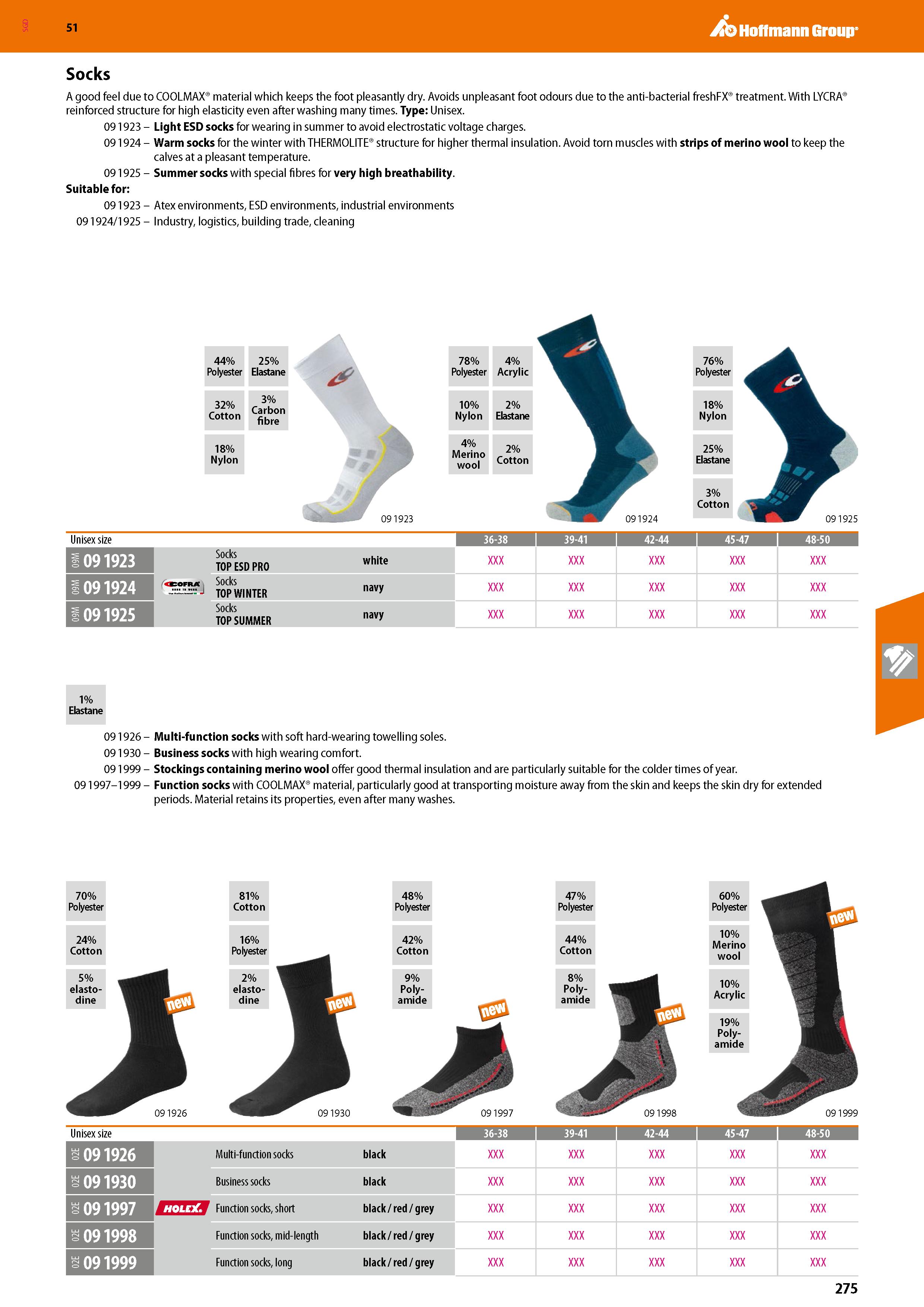 275 SGD Hoffmann Group 51 Socks A good feel due to COOLMAX material which keeps the foot pleasantly dry Avoids unpleasant foot odours due to the anti Каталог HOFFMANN GROUP 2020 Средства индивидуальной защиты органов зрения дыхания кожи СИЗ от поражения электрическим током шума Защитные перчатки Очки Специальная одежда Стр. 275