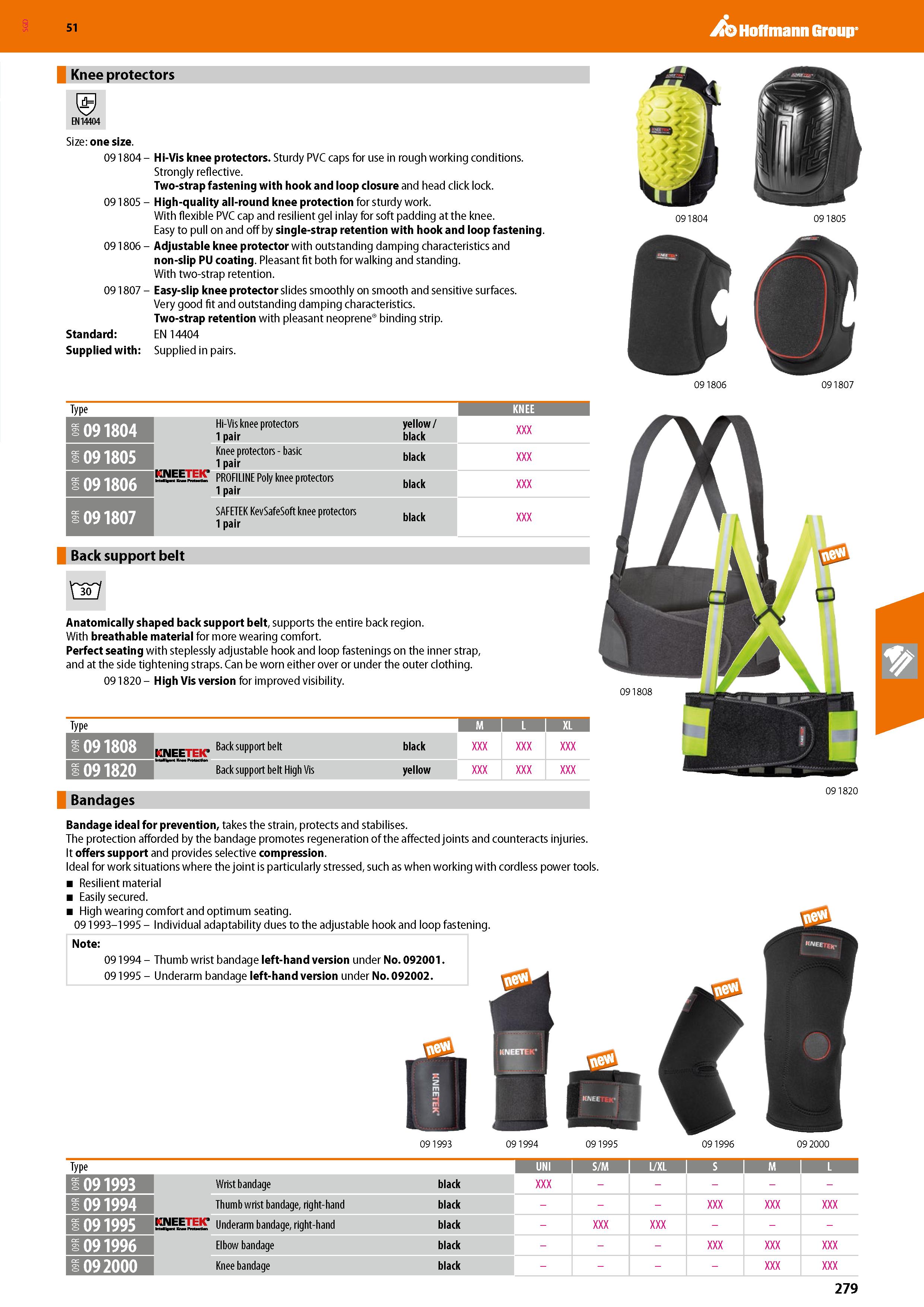 279 SGD Hoffmann Group 51 Knee protectors EN14404 Size: one size 09 1804 - Hi-Vis knee protectors Sturdy PVC caps for use in rough working conditions Каталог HOFFMANN GROUP 2020 Средства индивидуальной защиты органов зрения дыхания кожи СИЗ от поражения электрическим током шума Защитные перчатки Очки Специальная одежда Стр. 279