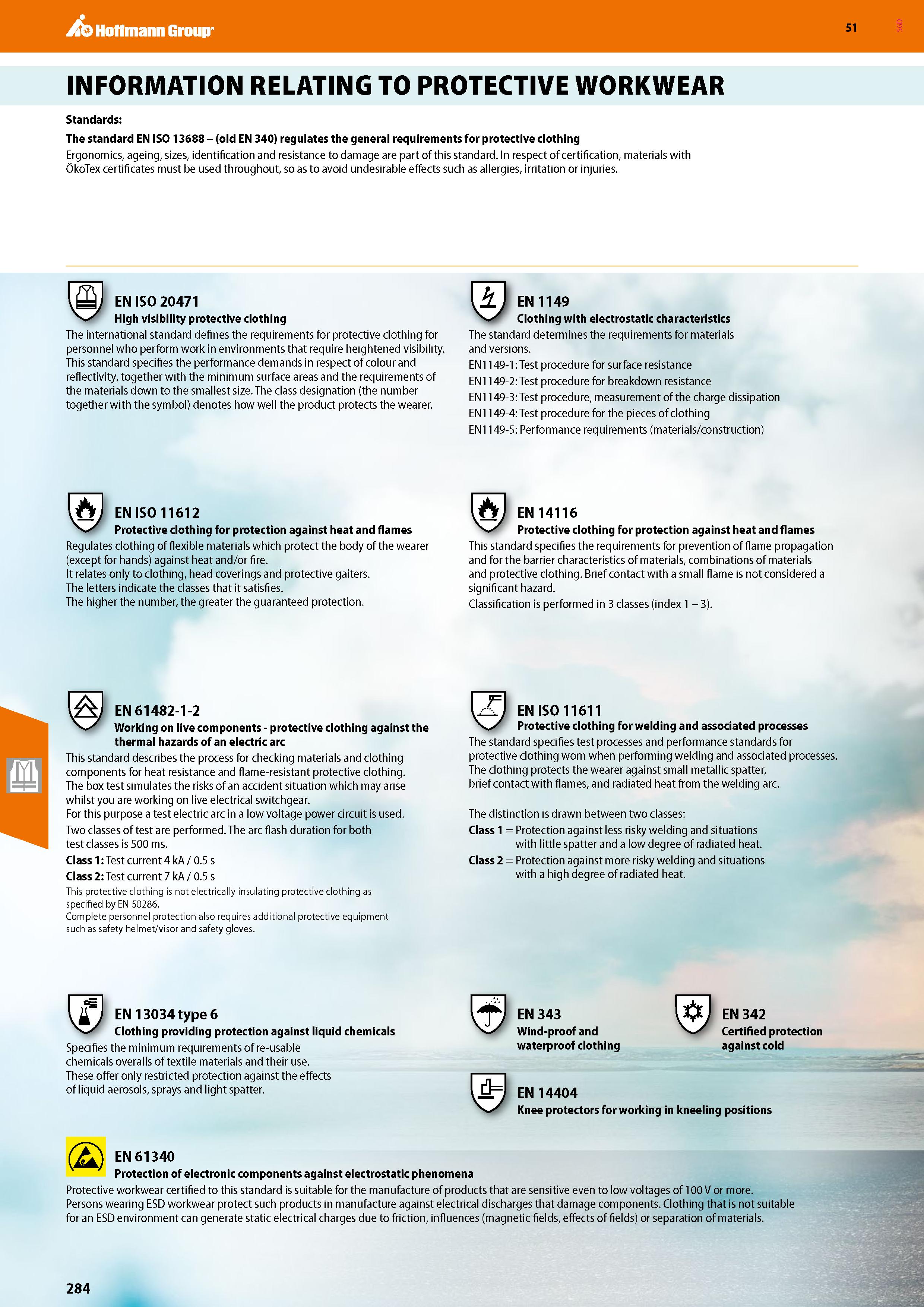 284 Hoffmann Group 51 INFORMATION RELATING TO PROTECTIVE WORKWEAR Standards: The standard EN ISO 13688 - (old EN 340) regulates the general requireme Каталог HOFFMANN GROUP 2020 Средства индивидуальной защиты органов зрения дыхания кожи СИЗ от поражения электрическим током шума Защитные перчатки Очки Специальная одежда Стр. 284