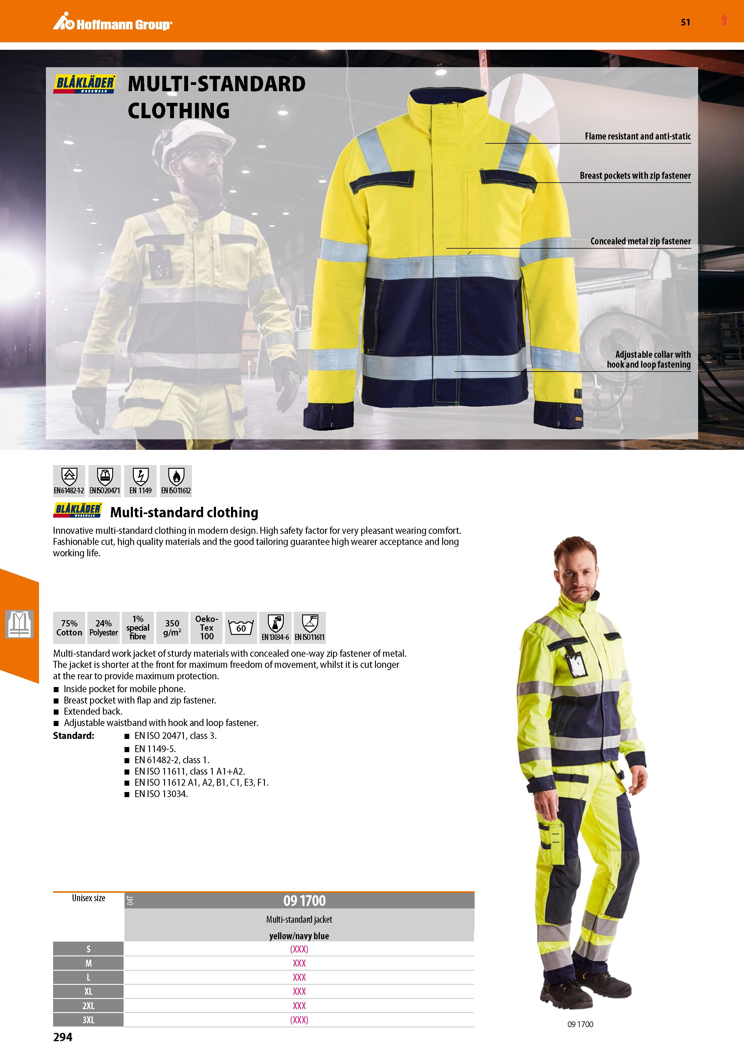 294 Hoffmann Group 51 EN61482-1-2 EN B020471 EN 1149 EN ISO 11612 blAkladcr Multi-standard clothing Innovative multi-standard clothing in modern desi Каталог HOFFMANN GROUP 2020 Средства индивидуальной защиты органов зрения дыхания кожи СИЗ от поражения электрическим током шума Защитные перчатки Очки Специальная одежда Стр. 294
