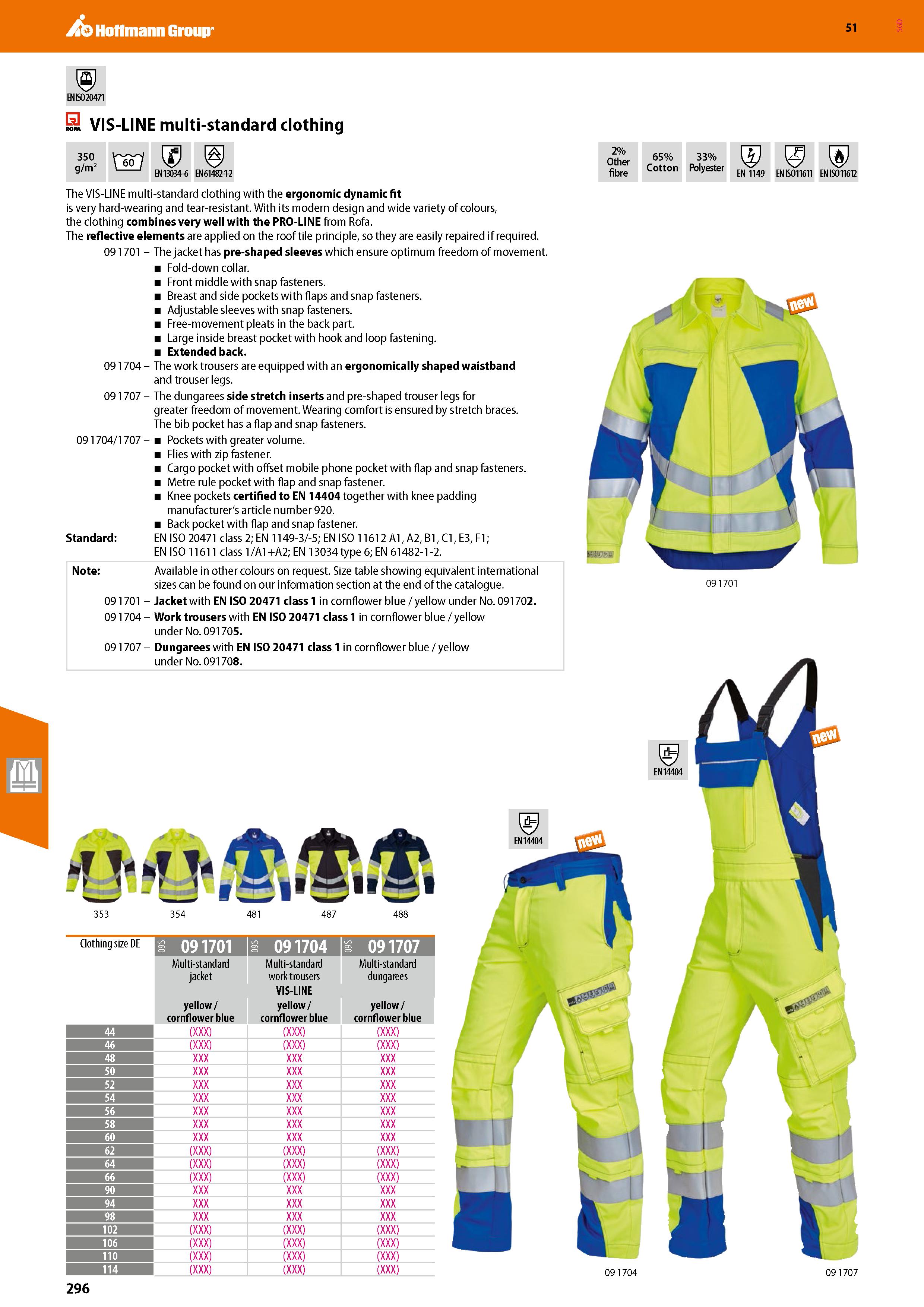 296 Hoffmann Group 51 ENB020471 EH VIS-LINE multi-standard clothing 350 g/m2 \Wj EN 13034- 6 -2 2% Other fibre 65% 33% Cotton Polyester EN 1149 EN BO Каталог HOFFMANN GROUP 2020 Средства индивидуальной защиты органов зрения дыхания кожи СИЗ от поражения электрическим током шума Защитные перчатки Очки Специальная одежда Стр. 296