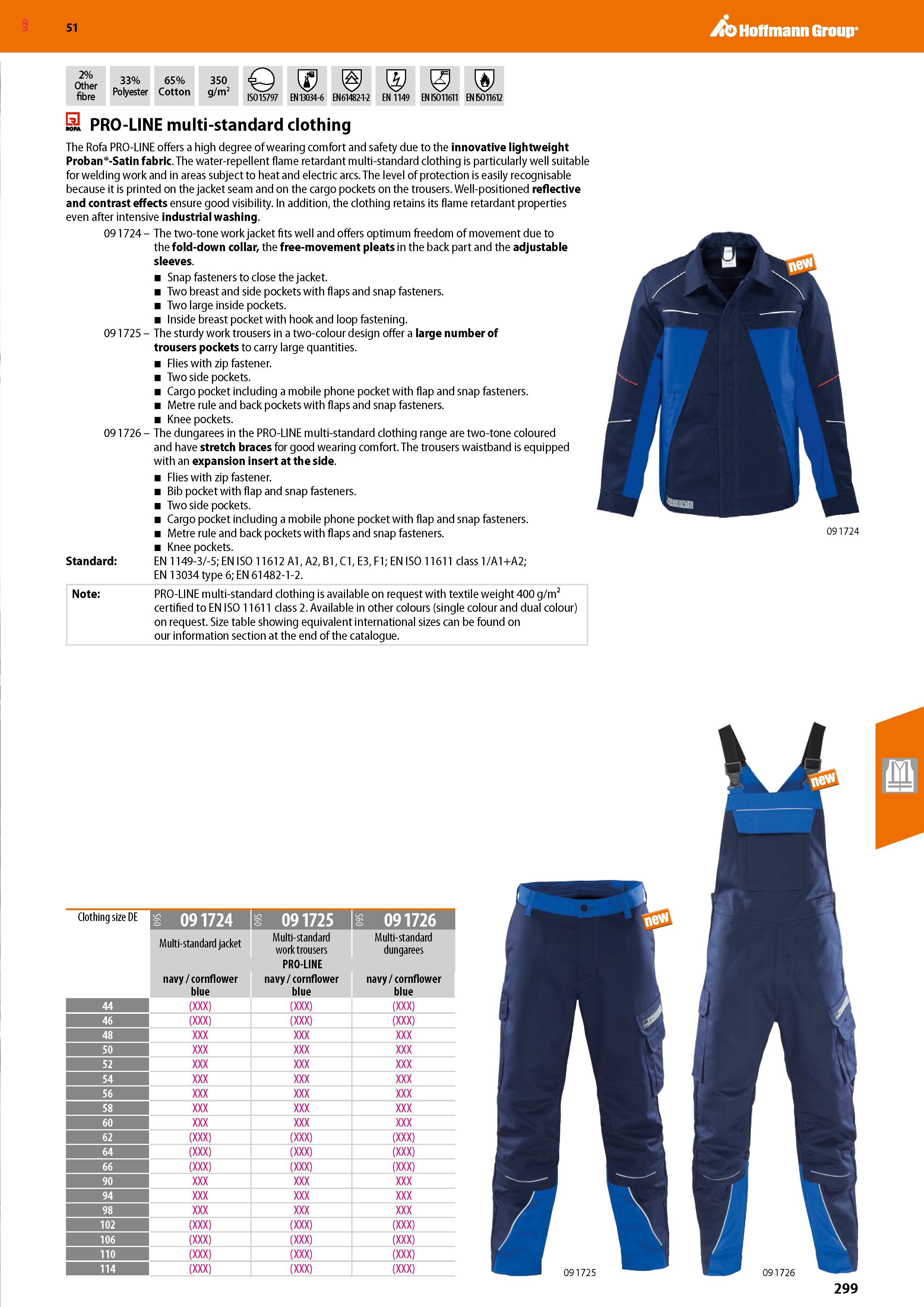 299 SGD Hoffmann Group 51 2% Other n , fibre Po yester 33% 65% Cotton 350 g/m2 ISO 15797 EN 13034-6 EN 61482-1-2 EN 1149 EN ISO 11611 EN ISO11612 EH Каталог HOFFMANN GROUP 2020 Средства индивидуальной защиты органов зрения дыхания кожи СИЗ от поражения электрическим током шума Защитные перчатки Очки Специальная одежда Стр. 299
