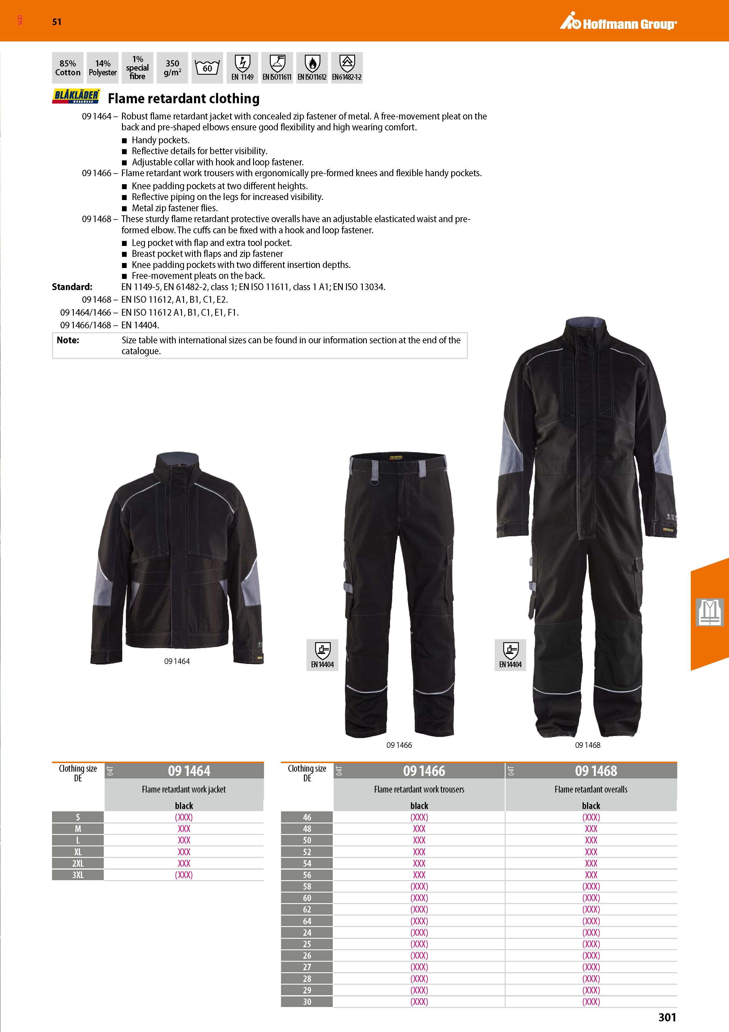 301 SGD Hoffmann Group 51 85% Cotton 14% Polyester 1% special fibre 350 g/m2 EN 1149 EN BO11611 EN ISO 11612 EN61482-12 BliKlADER Flame retardant clo Каталог HOFFMANN GROUP 2020 Средства индивидуальной защиты органов зрения дыхания кожи СИЗ от поражения электрическим током шума Защитные перчатки Очки Специальная одежда Стр. 301