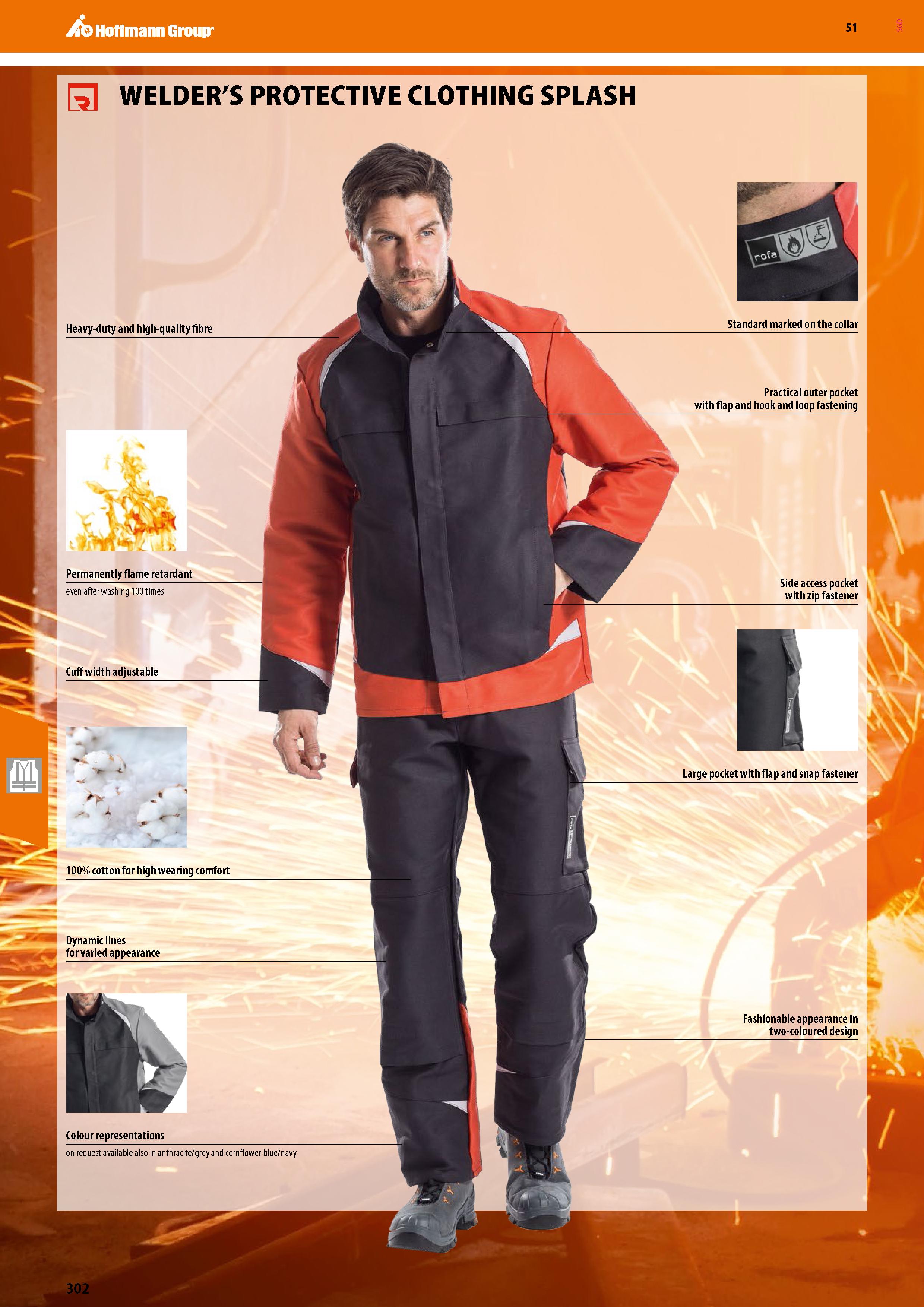 302 Hoffmann Group 51 £3 WELDER'S PROTECTIVE CLOTHING SPLASH Standard marked on the collar Practical outer pocket with flap and hook and loop fasteni Каталог HOFFMANN GROUP 2020 Средства индивидуальной защиты органов зрения дыхания кожи СИЗ от поражения электрическим током шума Защитные перчатки Очки Специальная одежда Стр. 302