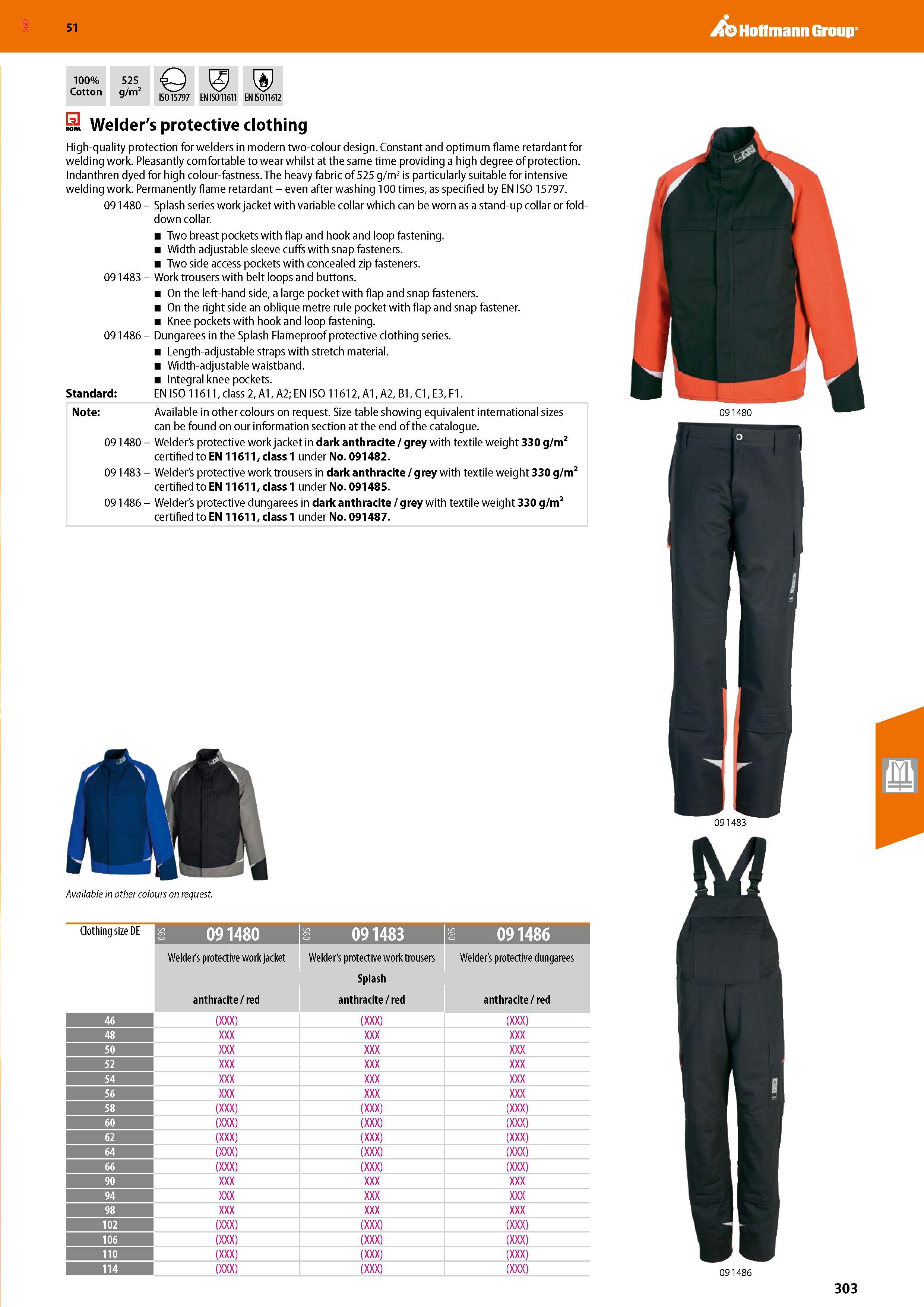 303 SGD Hoffmann Group 51 100% Cotton 525 g/m2 ISO 15797 EN ISO 11611 EN BO11612 EH Welder's protective clothing High-quality protection for welders Каталог HOFFMANN GROUP 2020 Средства индивидуальной защиты органов зрения дыхания кожи СИЗ от поражения электрическим током шума Защитные перчатки Очки Специальная одежда Стр. 303