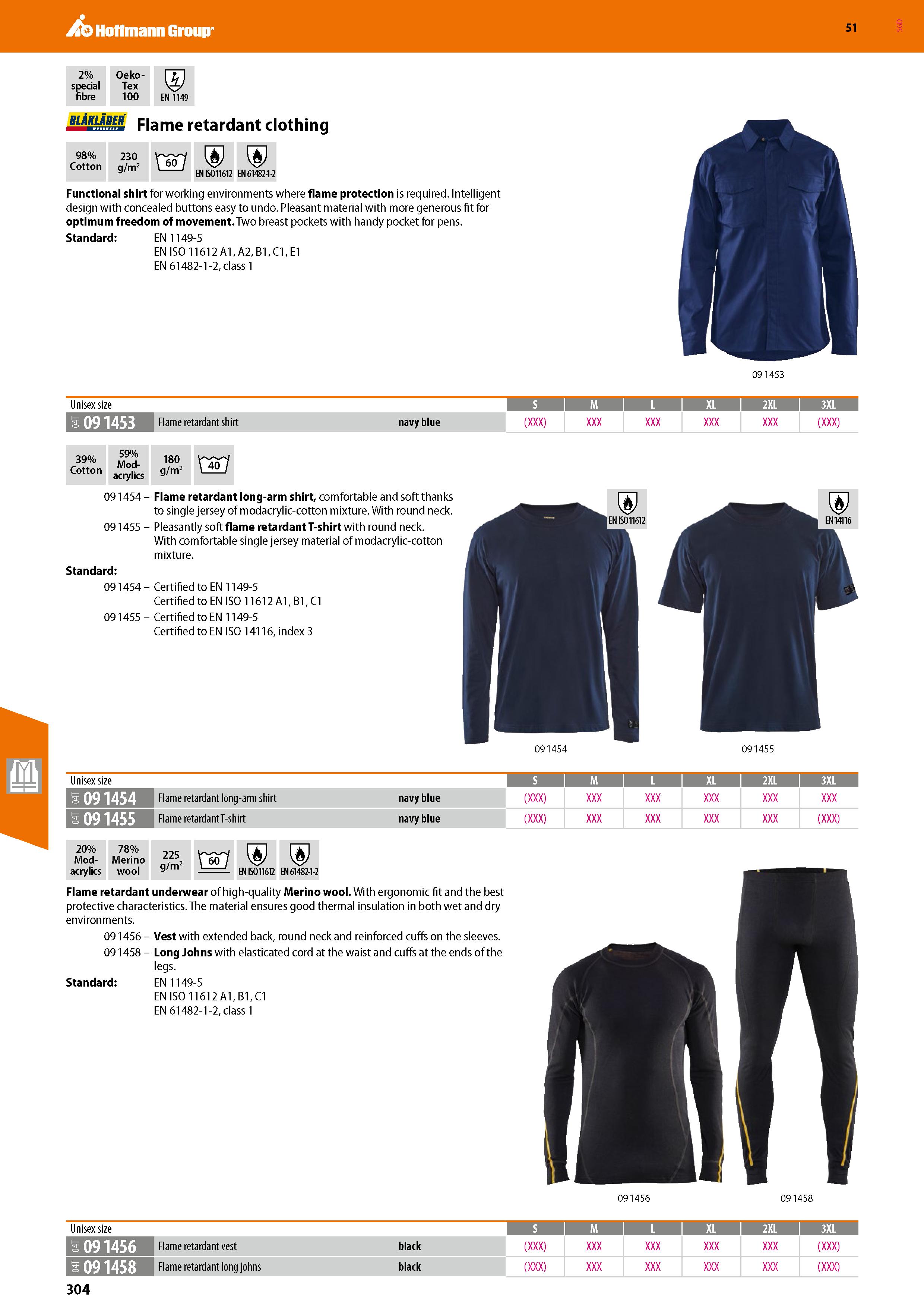 304 Hoffmann Group 51 2% Oeko- in special Tex 'O' fibre 100 EN 1149 blAklaber Fjame retardant clothing 98% Cotton 230 g/m2 60j EN ISO11612 EN 61482-1 Каталог HOFFMANN GROUP 2020 Средства индивидуальной защиты органов зрения дыхания кожи СИЗ от поражения электрическим током шума Защитные перчатки Очки Специальная одежда Стр. 304
