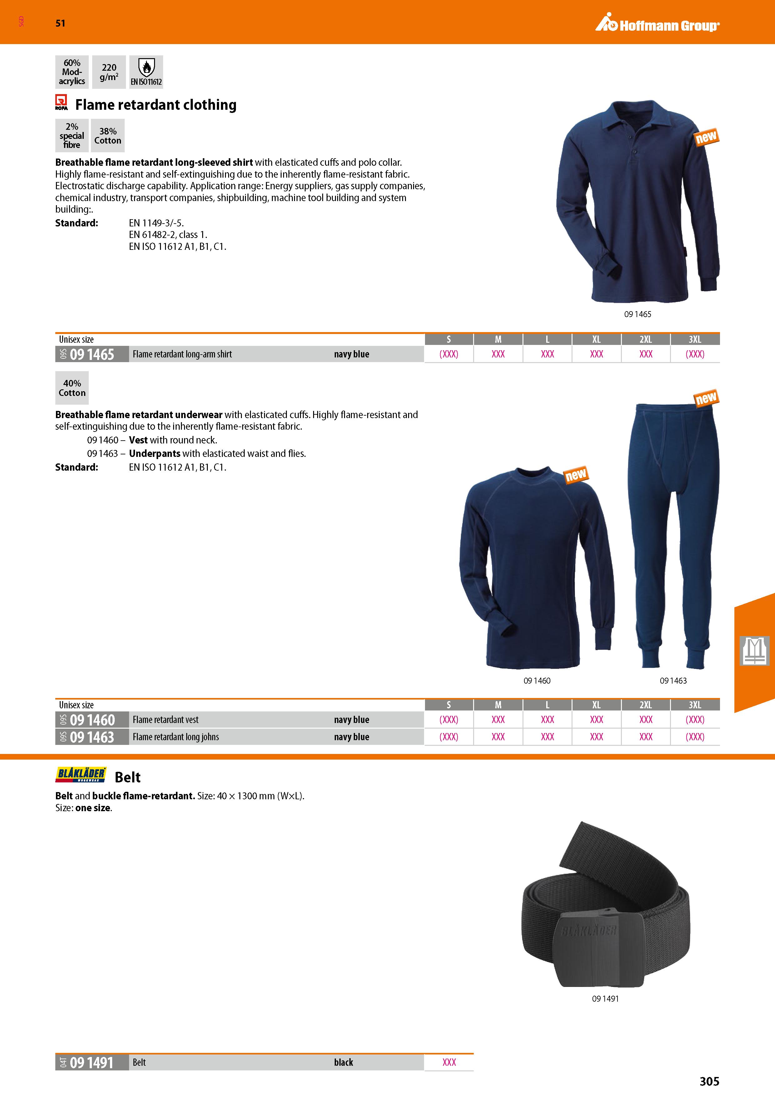 305 SGD Hoffmann Group 51 60% Mod- 220 g/m2 acrylics g/m EN ISO 11612 EH Flame retardant clothing 2% special fibre 38% Cotton Breathable flame retard Каталог HOFFMANN GROUP 2020 Средства индивидуальной защиты органов зрения дыхания кожи СИЗ от поражения электрическим током шума Защитные перчатки Очки Специальная одежда Стр. 305