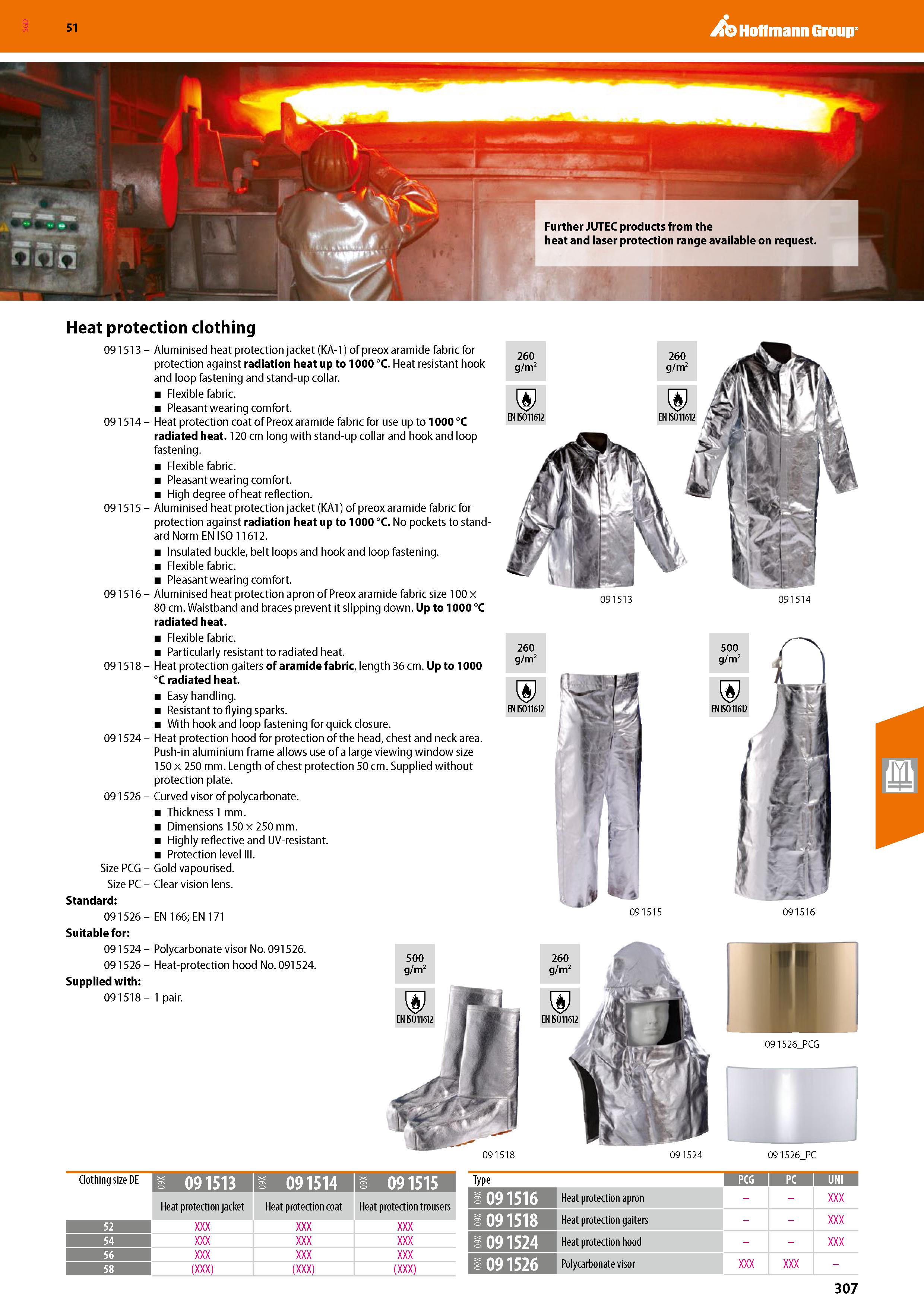 307 SGD Hoffmann Group 51 Heat protection clothing 09 1513 - Aluminised heat protection jacket (KA-1) of preox aramide fabric for protection against Каталог HOFFMANN GROUP 2020 Средства индивидуальной защиты органов зрения дыхания кожи СИЗ от поражения электрическим током шума Защитные перчатки Очки Специальная одежда Стр. 307