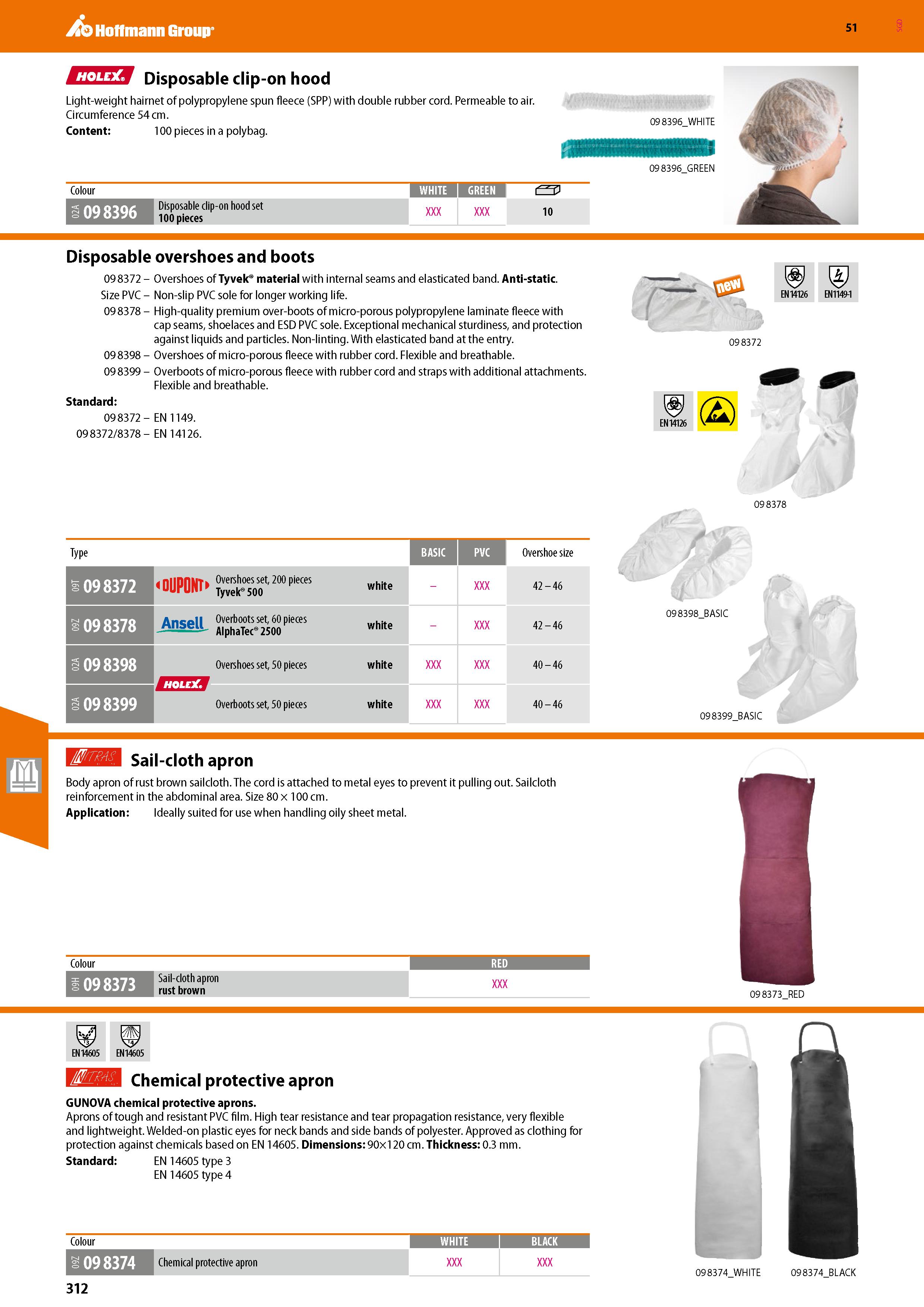 312 Hoffmann Group 51 Disposable clip-on hood Light-weight hairnet of polypropylene spun fleece (SPP) with double rubber cord Permeable to air Circum Каталог HOFFMANN GROUP 2020 Средства индивидуальной защиты органов зрения дыхания кожи СИЗ от поражения электрическим током шума Защитные перчатки Очки Специальная одежда Стр. 312
