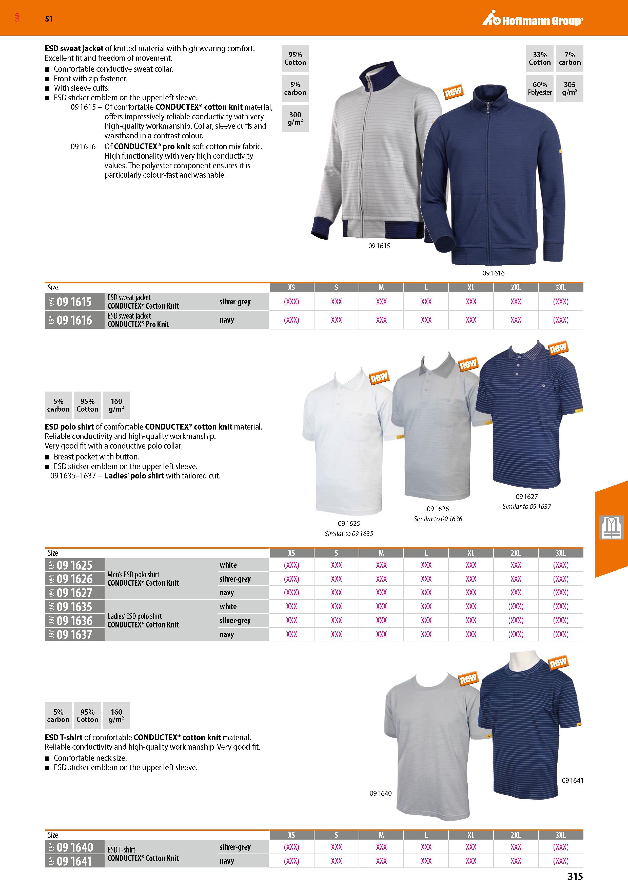 315 SGD Hoffmann Group 51 ESD sweat jacket of knitted material with high wearing comfort Excellent fit and freedom of movement Comfortable conductive Каталог HOFFMANN GROUP 2020 Средства индивидуальной защиты органов зрения дыхания кожи СИЗ от поражения электрическим током шума Защитные перчатки Очки Специальная одежда Стр. 315