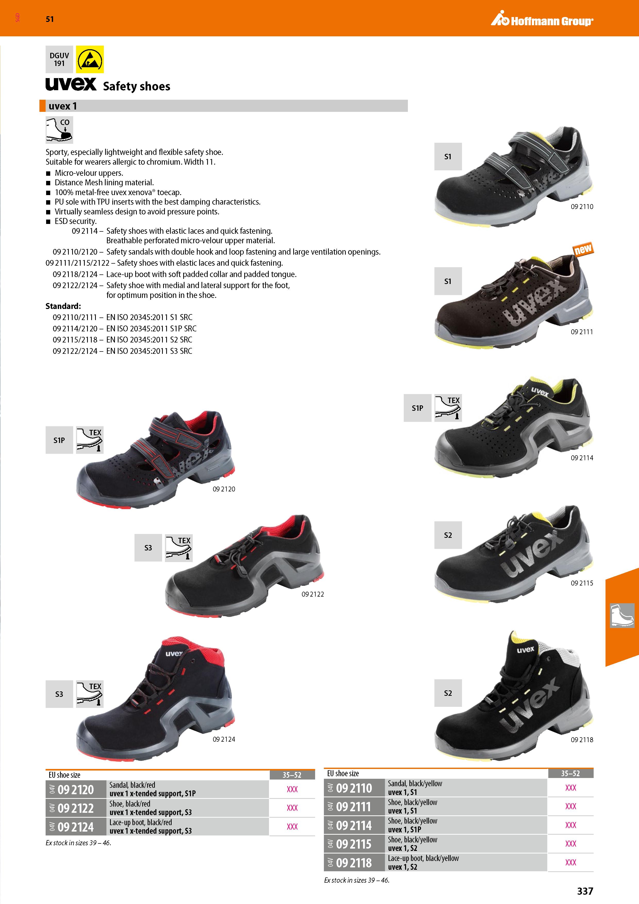 337 SGD Hoffmann Group 51 DGUV 191 a UVeX Safety shoes uvex 1 Sporty, especially lightweight and flexible safety shoe Suitable for wearers allergic t Каталог HOFFMANN GROUP 2020 Средства индивидуальной защиты органов зрения дыхания кожи СИЗ от поражения электрическим током шума Защитные перчатки Очки Специальная одежда Стр. 337