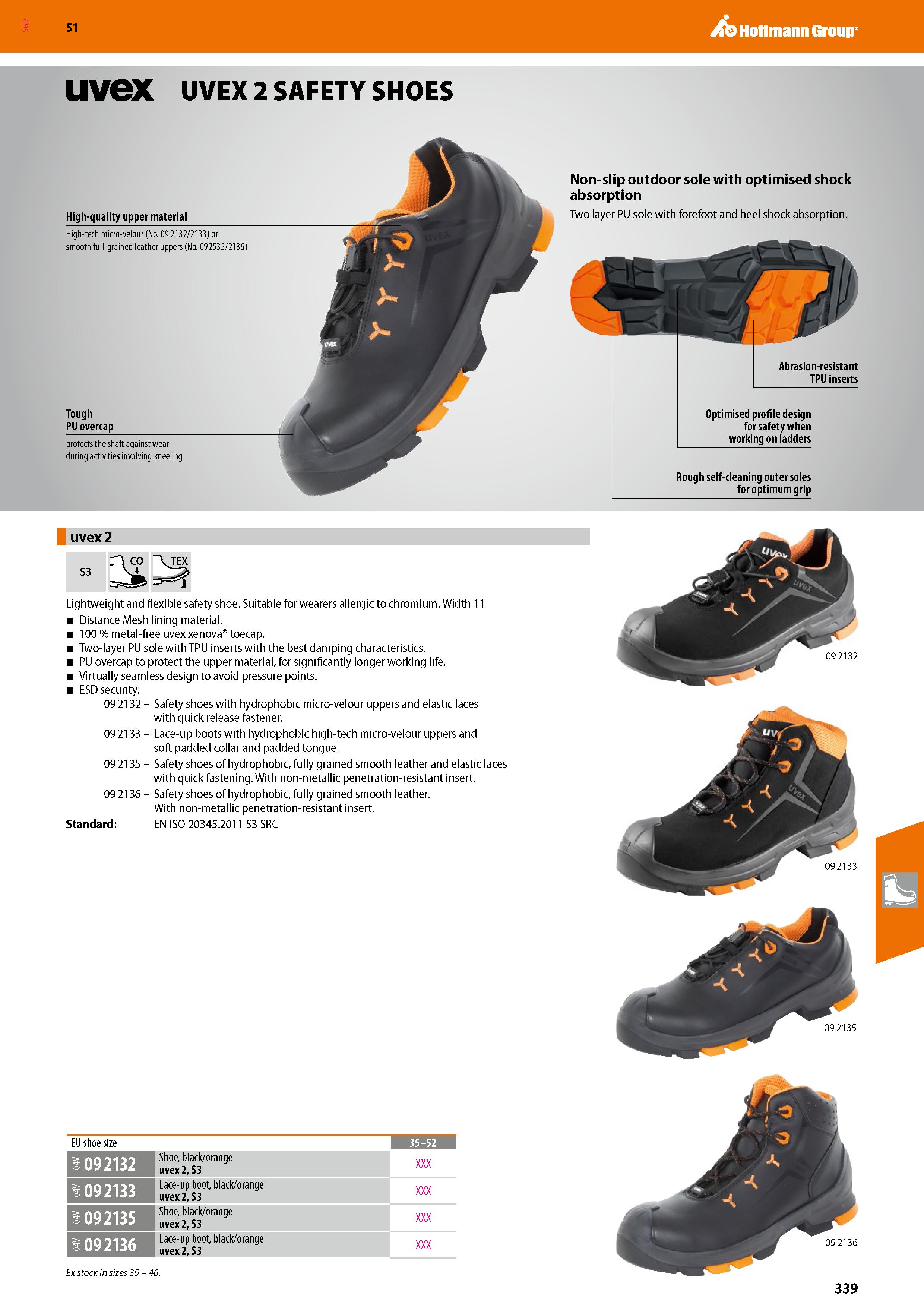 339 SGD Hoffmann Group 51 uvex UVEX 2 SAFETY SHOES High-quality upper material High-tech micro-velour (No 09 2132/2133) or smooth full-grained leathe Каталог HOFFMANN GROUP 2020 Средства индивидуальной защиты органов зрения дыхания кожи СИЗ от поражения электрическим током шума Защитные перчатки Очки Специальная одежда Стр. 339