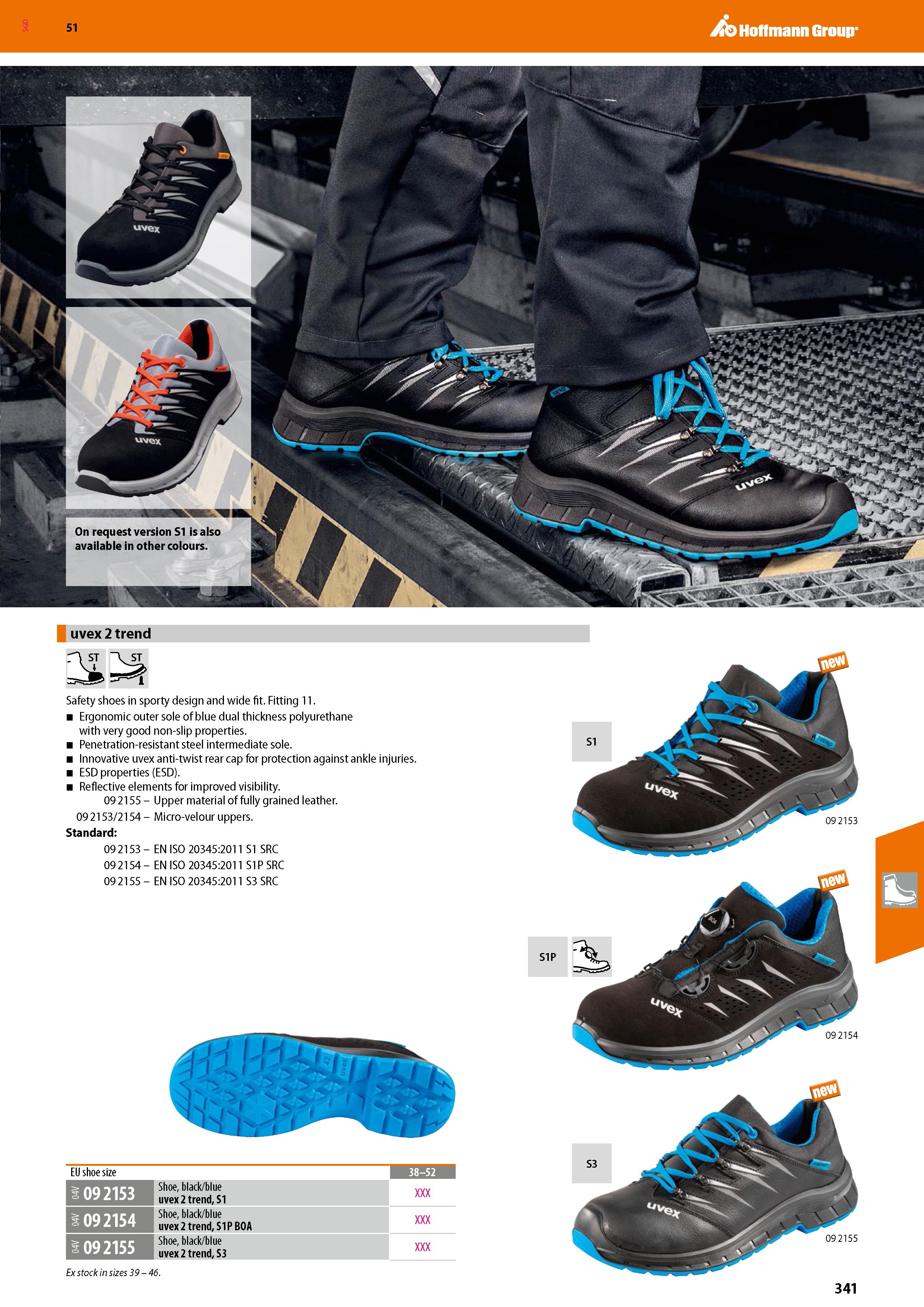 341 SGD Hoffmann Group 51 Safety shoes in sporty design and wide fit Fitting 11 Ergonomic outer sole of blue dual thickness polyurethane with very go Каталог HOFFMANN GROUP 2020 Средства индивидуальной защиты органов зрения дыхания кожи СИЗ от поражения электрическим током шума Защитные перчатки Очки Специальная одежда Стр. 341