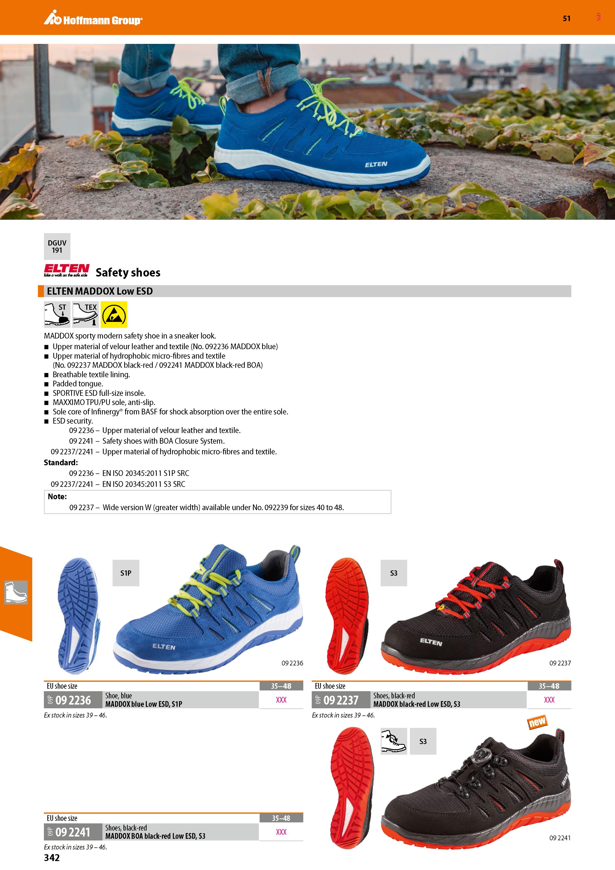 342 Hoffmann Group 51 DGUV 191 Mb a walk on /he tah side Safetyshoes ELTEN MADDOX Low ESD MADDOX sporty modern safety shoe in a sneaker look Upper ma Каталог HOFFMANN GROUP 2020 Средства индивидуальной защиты органов зрения дыхания кожи СИЗ от поражения электрическим током шума Защитные перчатки Очки Специальная одежда Стр. 342
