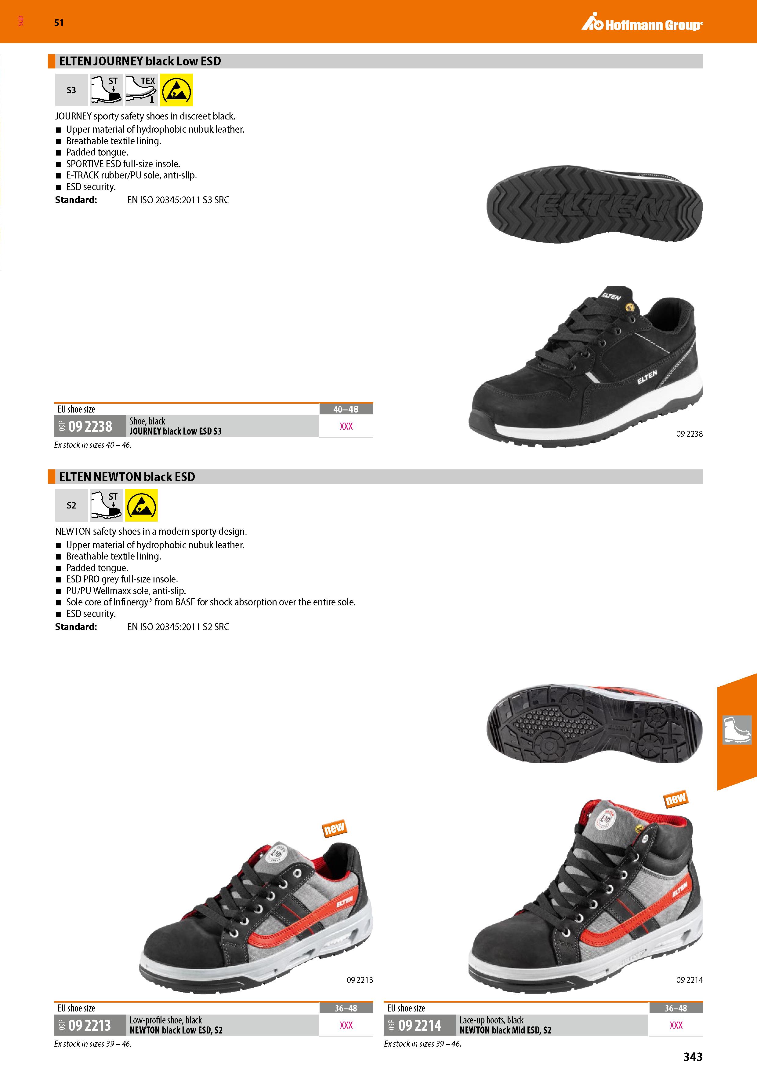 343 SGD Hoffmann Group 51 ELTEN JOURNEY black Low ESD S3 % (£) JOURNEY sporty safety shoes in discreet black Upper material of hydrophobic nubuk leat Каталог HOFFMANN GROUP 2020 Средства индивидуальной защиты органов зрения дыхания кожи СИЗ от поражения электрическим током шума Защитные перчатки Очки Специальная одежда Стр. 343