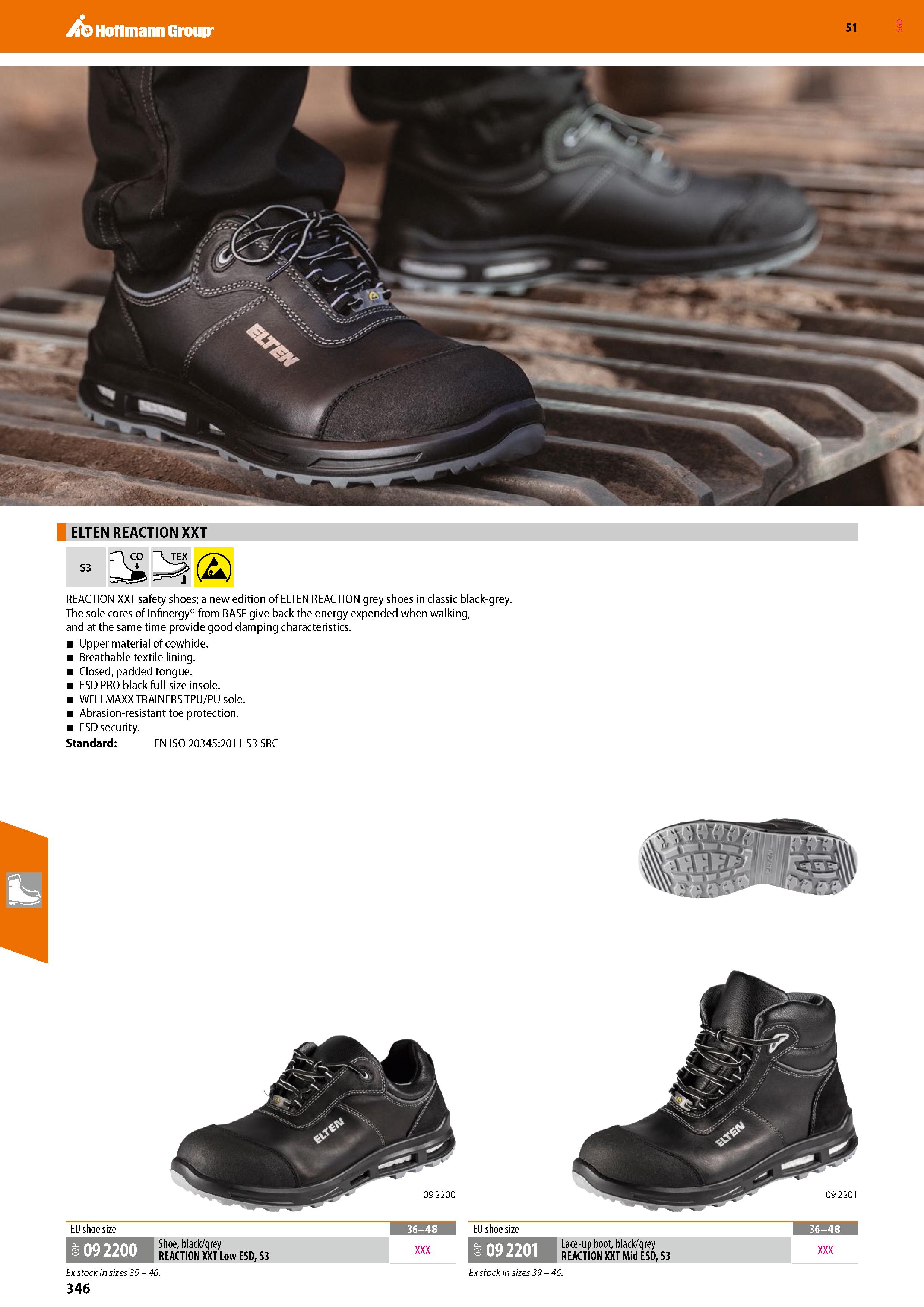 346 Hoffmann Group 51 ELTEN REACTION XXT REACTION XXT safety shoes; a new edition of ELTEN REACTION grey shoes in classic black-grey The sole cores o Каталог HOFFMANN GROUP 2020 Средства индивидуальной защиты органов зрения дыхания кожи СИЗ от поражения электрическим током шума Защитные перчатки Очки Специальная одежда Стр. 346
