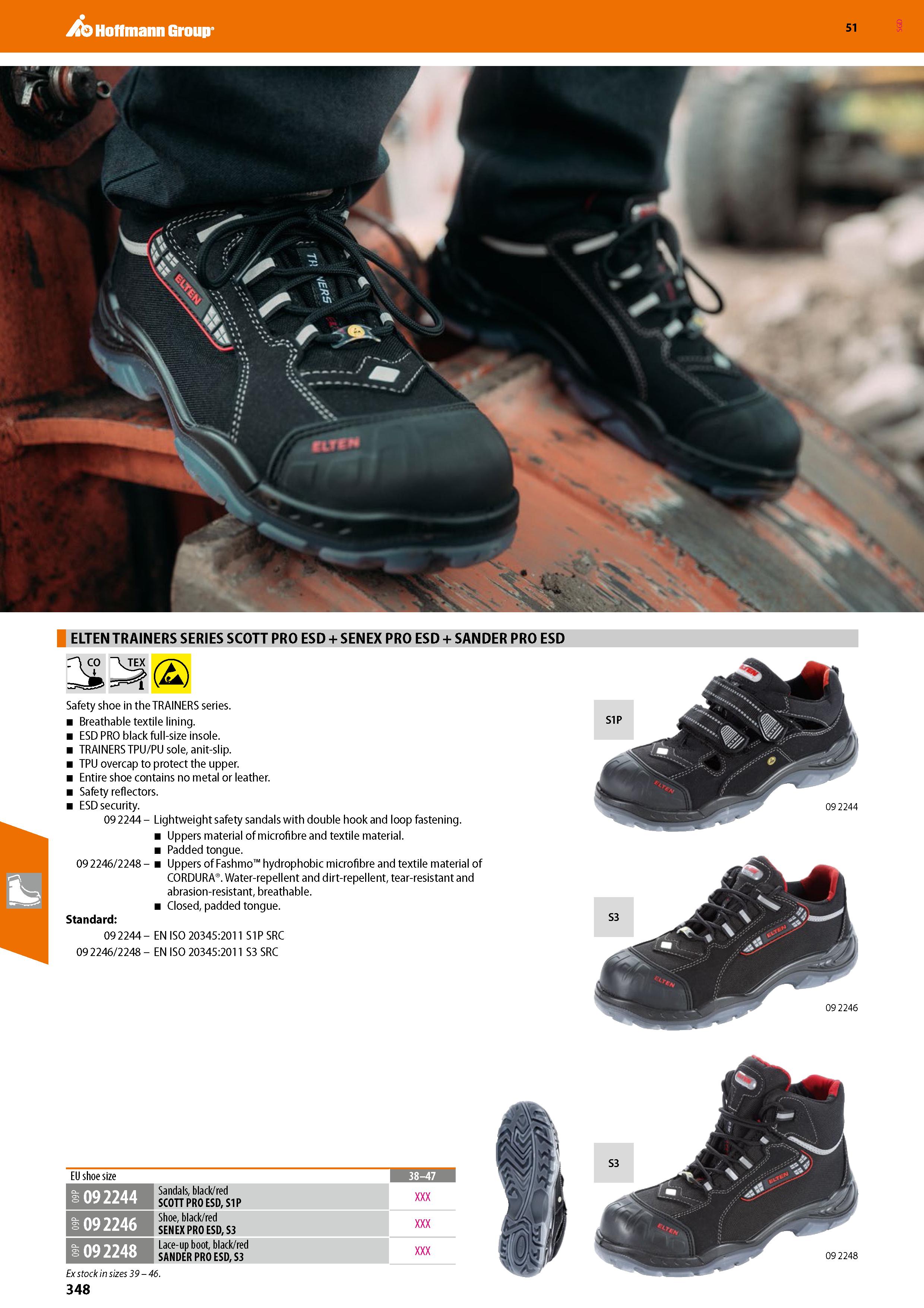 348 Hoffmann Group 51 ELTEN TRAINERS SERIES SCOTT PRO ESD + SENEX PRO ESD + SANDER PRO ESD D (2) Safety shoe in the TRAINERS series Breathable textil Каталог HOFFMANN GROUP 2020 Средства индивидуальной защиты органов зрения дыхания кожи СИЗ от поражения электрическим током шума Защитные перчатки Очки Специальная одежда Стр. 348