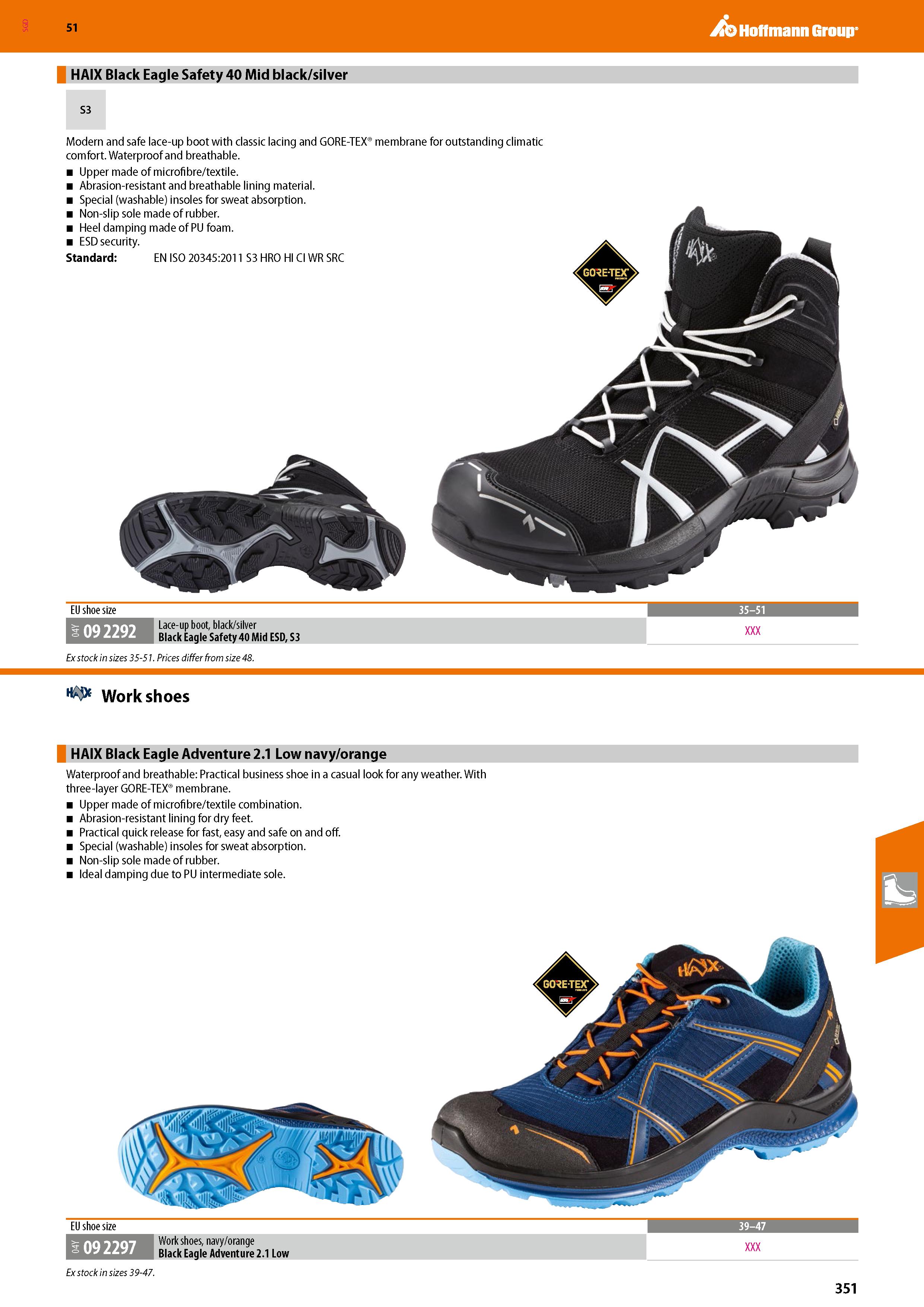 351 SGD Hoffmann Group 51 HAIX Black Eagle Safety 40 Mid black/silver S3 Modern and safe lace-up boot with classic lacing and GORE-TEX membrane for o Каталог HOFFMANN GROUP 2020 Средства индивидуальной защиты органов зрения дыхания кожи СИЗ от поражения электрическим током шума Защитные перчатки Очки Специальная одежда Стр. 351