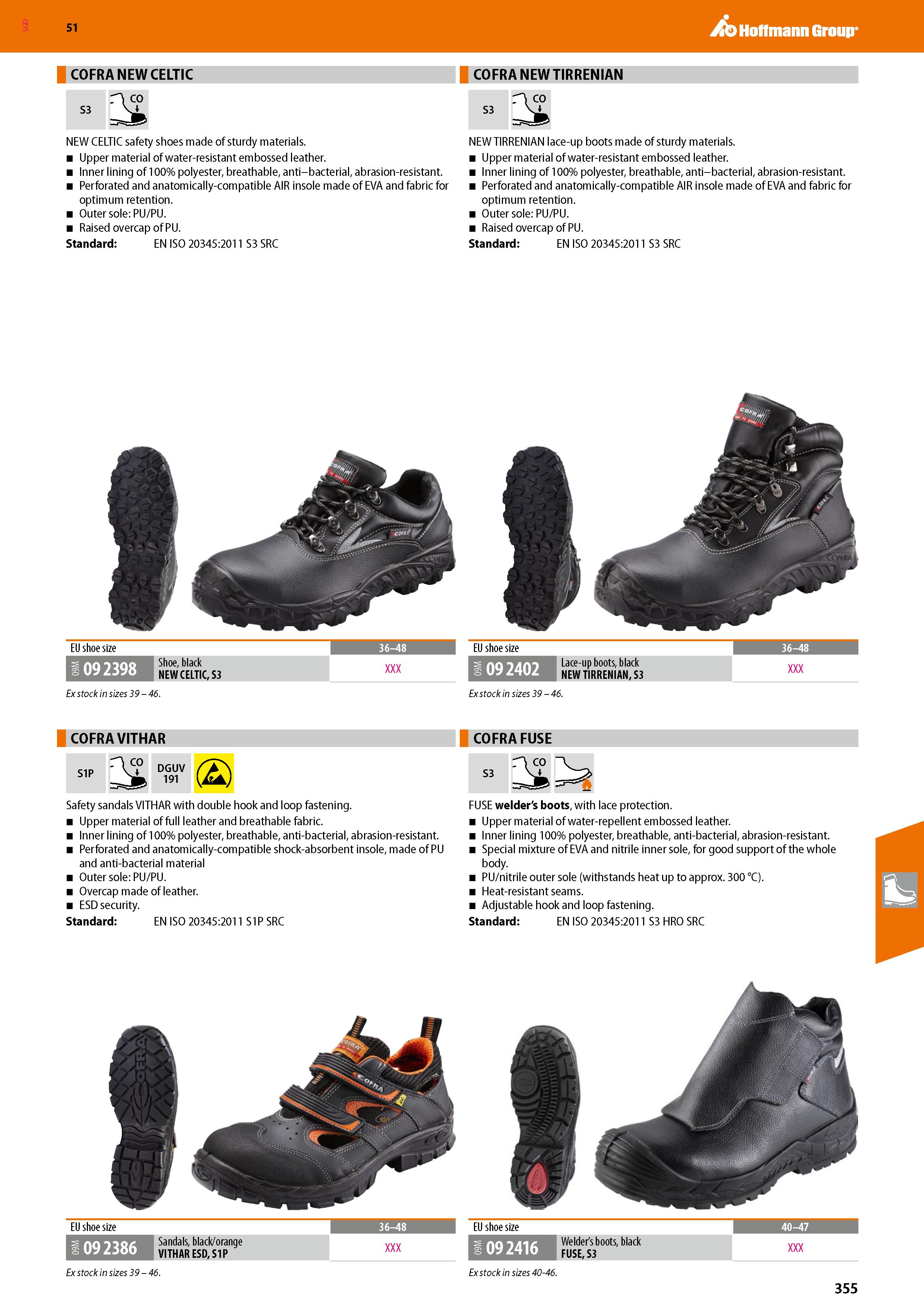 355 SGD Hoffmann Group 51 COFRA NEW CELTIC COFRA NEW TIRRENIAN NEW CELTIC safety shoes made of sturdy materials Upper material of water-resistant emb Каталог HOFFMANN GROUP 2020 Средства индивидуальной защиты органов зрения дыхания кожи СИЗ от поражения электрическим током шума Защитные перчатки Очки Специальная одежда Стр. 355