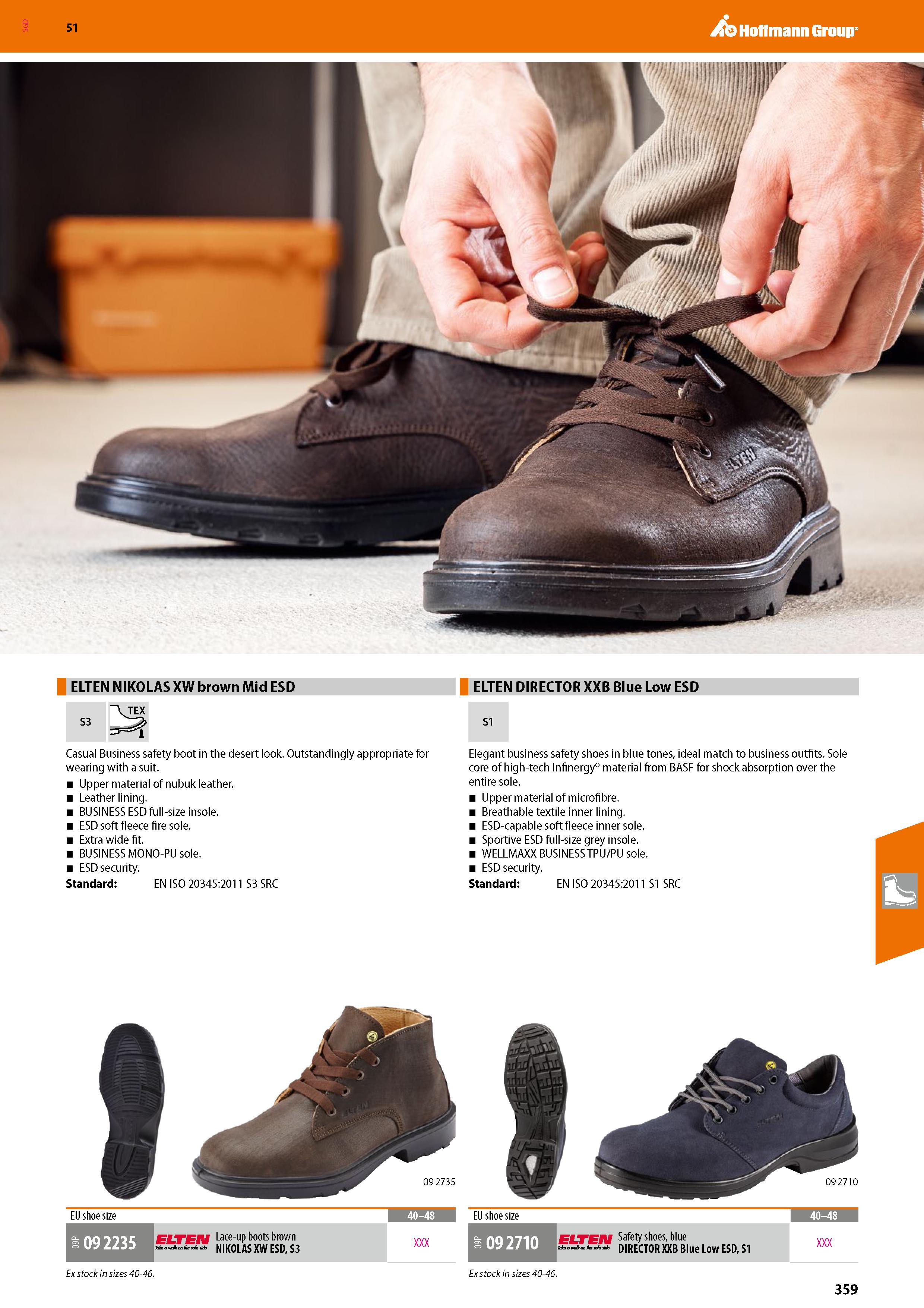 359 SGD Hoffmann Group 51 ELTEN NIKOLAS XW brown Mid ESD ELTEN DIRECTOR XXB Blue Low ESD S3 S1 Casual Business safety boot in the desert look Outstan Каталог HOFFMANN GROUP 2020 Средства индивидуальной защиты органов зрения дыхания кожи СИЗ от поражения электрическим током шума Защитные перчатки Очки Специальная одежда Стр. 359