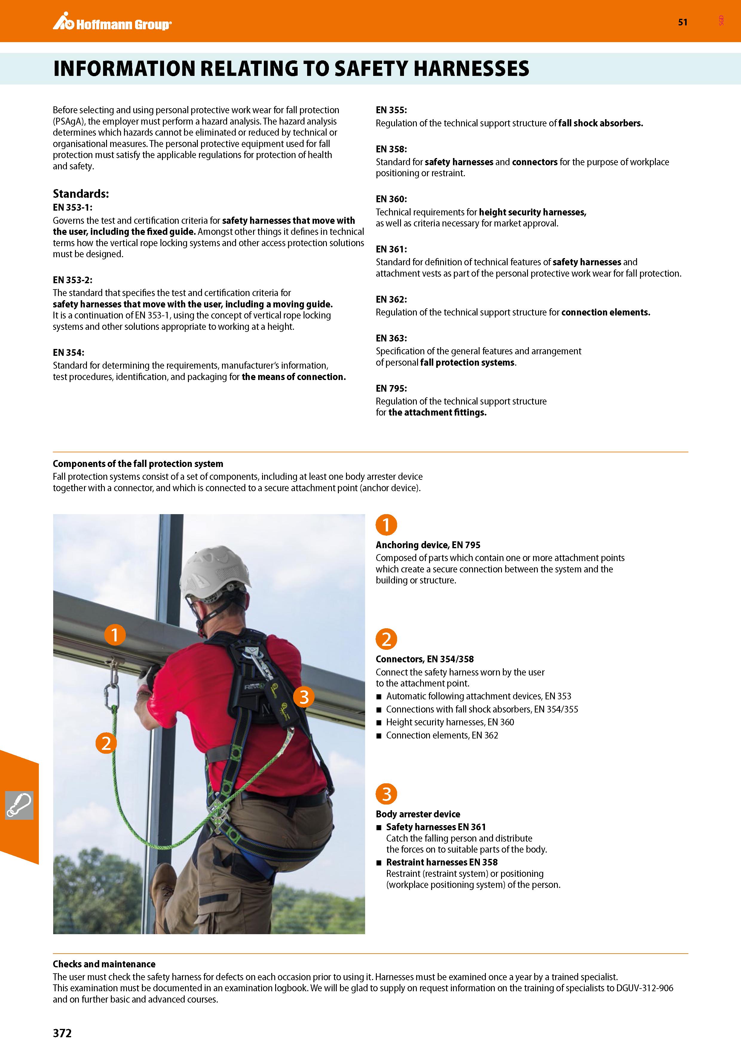 372 Hoffmann Group 51 INFORMATION RELATING TO SAFETY HARNESSES Before selecting and using personal protective work wear for fall protection (PSAgA), Каталог HOFFMANN GROUP 2020 Средства индивидуальной защиты органов зрения дыхания кожи СИЗ от поражения электрическим током шума Защитные перчатки Очки Специальная одежда Стр. 372