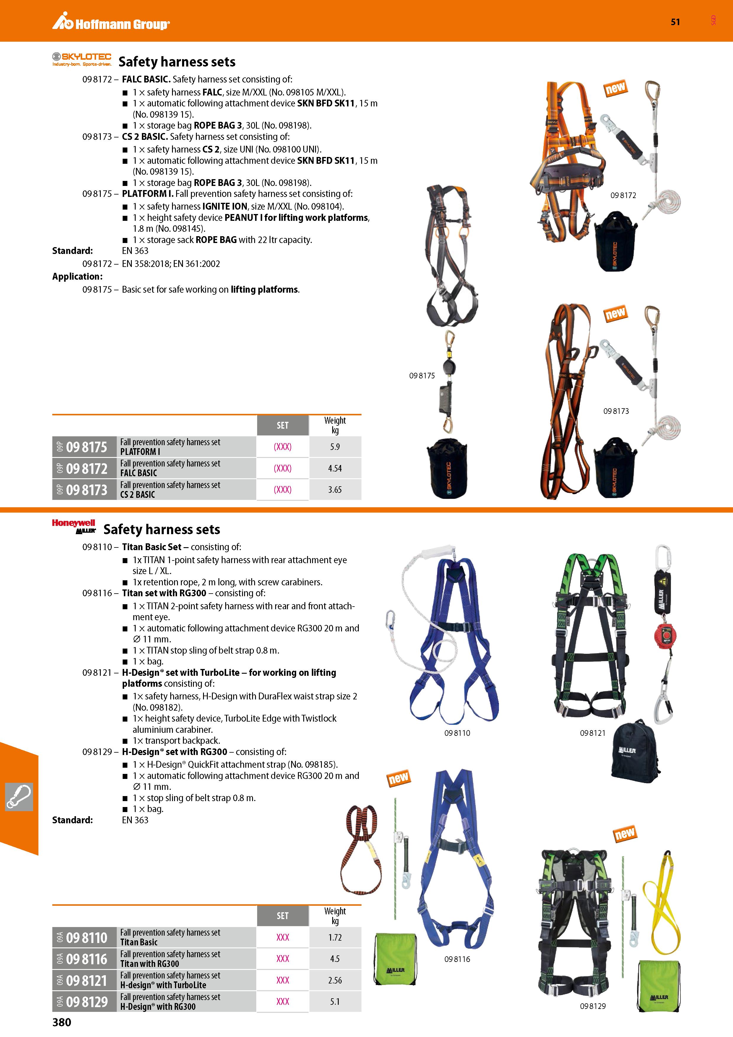 380 Hoffmann Group 51 Safety harness sets 09 8172 - FALC BASIC Safety harness set consisting of: 1 x safety harness FALC, size M/XXL (No 098105 M/XXL Каталог HOFFMANN GROUP 2020 Средства индивидуальной защиты органов зрения дыхания кожи СИЗ от поражения электрическим током шума Защитные перчатки Очки Специальная одежда Стр. 380