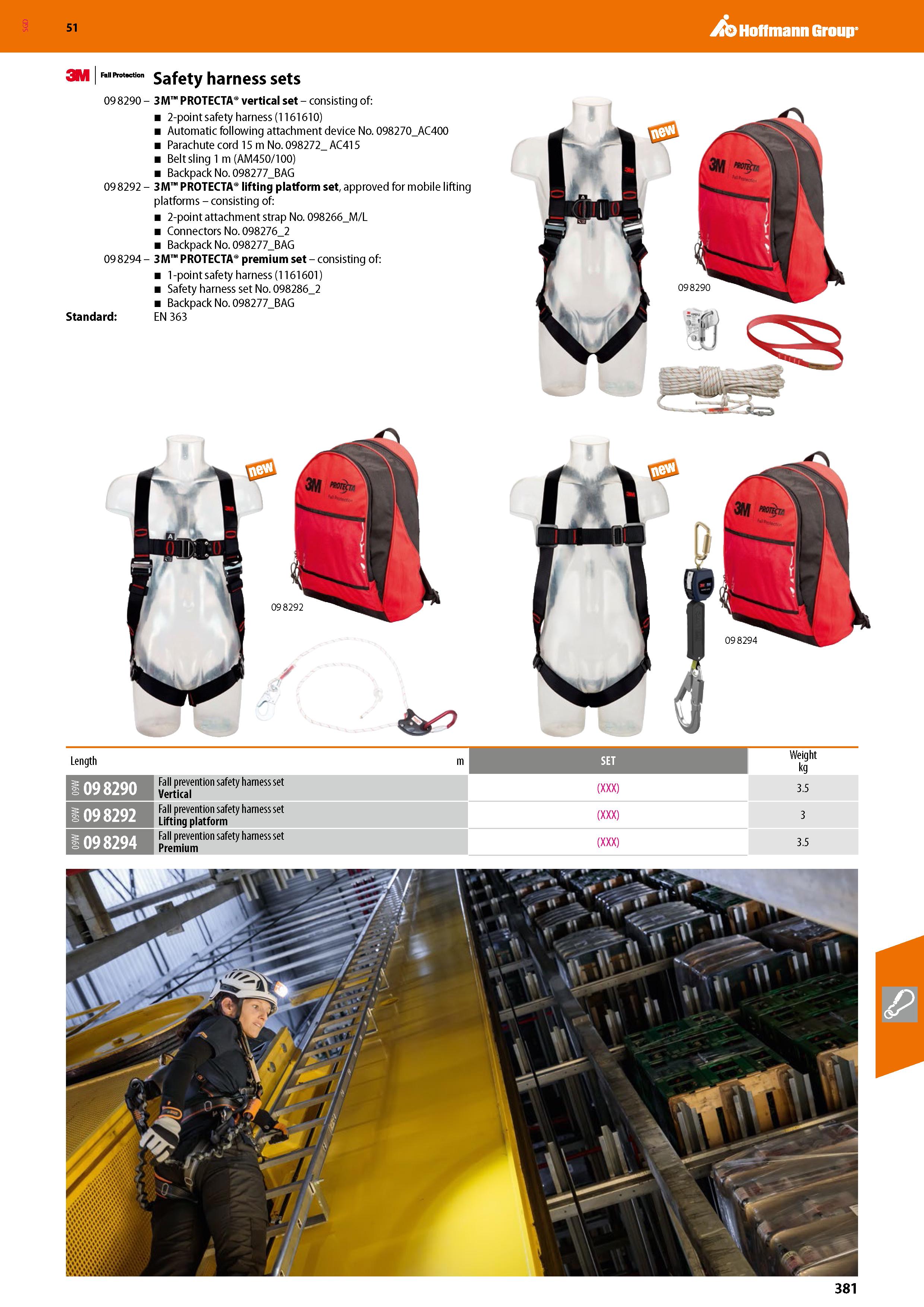 381 SGD Hoffmann Group 51 3M Fanprot ction Safety harness sets 09 8290 - 3M PROTECTA vertical set - consisting of: 2-point safety harness (1161610) A Каталог HOFFMANN GROUP 2020 Средства индивидуальной защиты органов зрения дыхания кожи СИЗ от поражения электрическим током шума Защитные перчатки Очки Специальная одежда Стр. 381