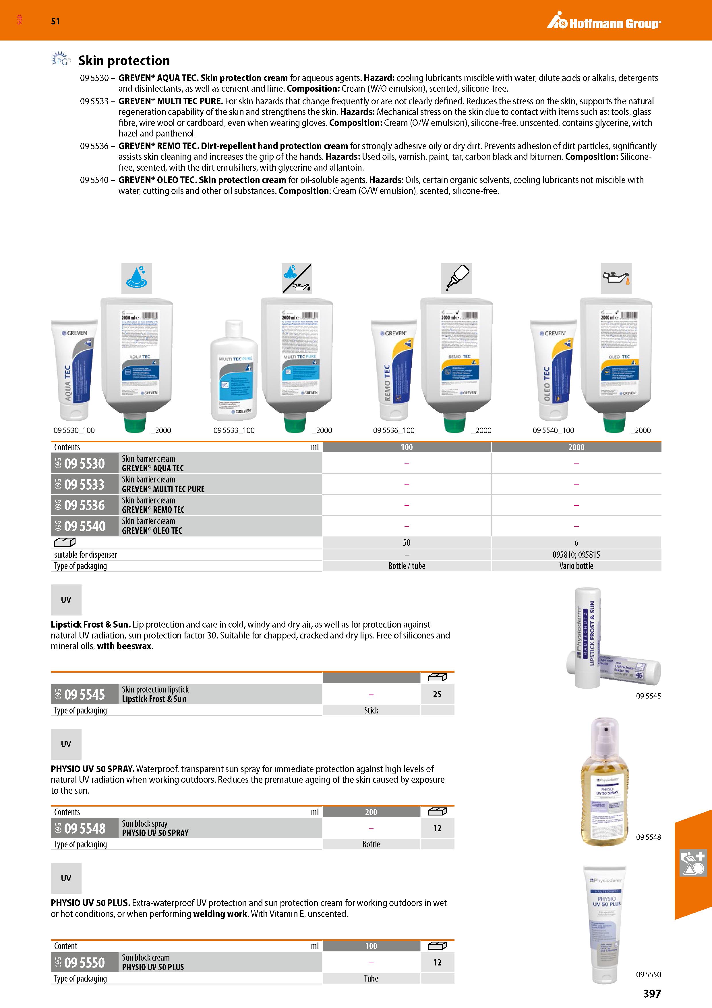 397 SGD Hoffmann Group 51 pgp Skin protection 09 5530 - GREVEN AQUA TEC Skin protection cream for aqueous agents Hazard: cooling lubricants miscible Каталог HOFFMANN GROUP 2020 Средства индивидуальной защиты органов зрения дыхания кожи СИЗ от поражения электрическим током шума Защитные перчатки Очки Специальная одежда Стр. 397
