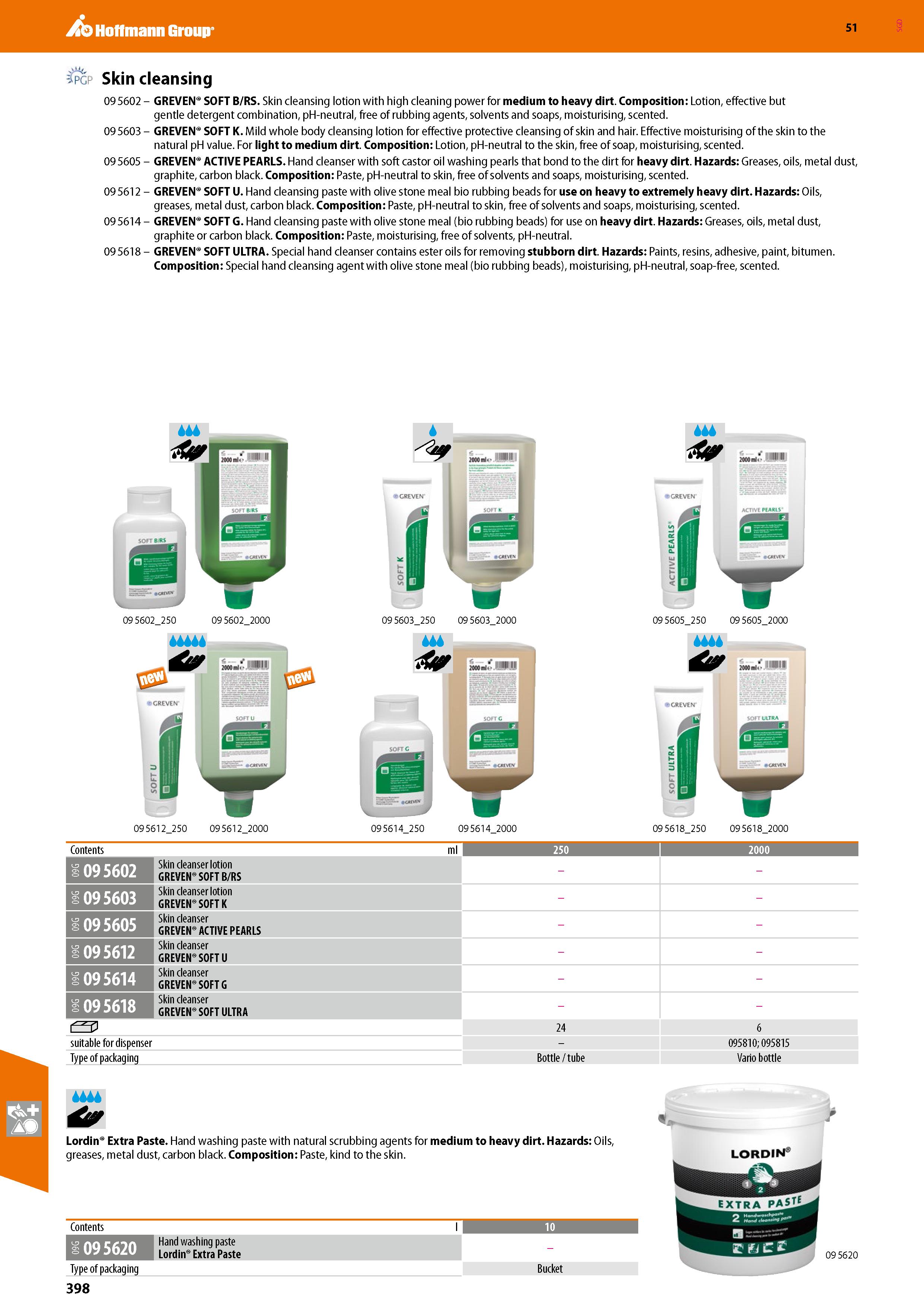 398 Hoffmann Group 51 pgp Skin cleansing 09 5602 - GREVEN SOFT B/RS Skin cleansing lotion with high cleaning power for medium to heavy dirt Compositi Каталог HOFFMANN GROUP 2020 Средства индивидуальной защиты органов зрения дыхания кожи СИЗ от поражения электрическим током шума Защитные перчатки Очки Специальная одежда Стр. 398