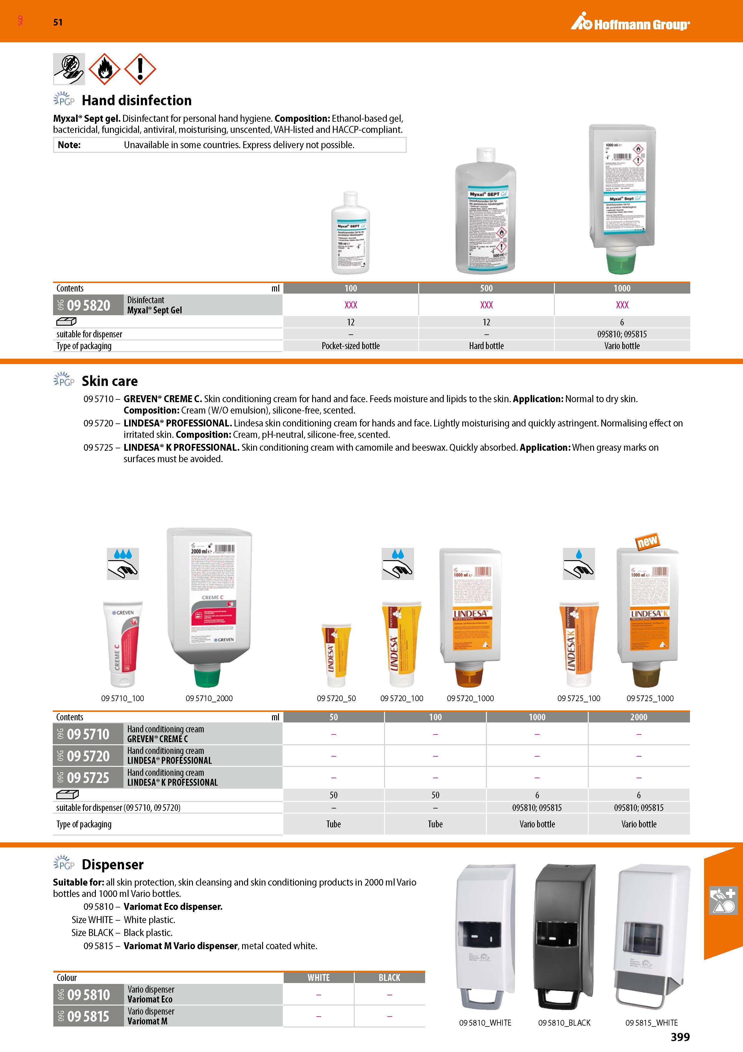 399 SGD Hoffmann Group 51 > tpcp Handdisinfection Myxal Sept gel Disinfectant for personal hand hygiene Composition: Ethanol-based gel, bactericidal, Каталог HOFFMANN GROUP 2020 Средства индивидуальной защиты органов зрения дыхания кожи СИЗ от поражения электрическим током шума Защитные перчатки Очки Специальная одежда Стр. 399