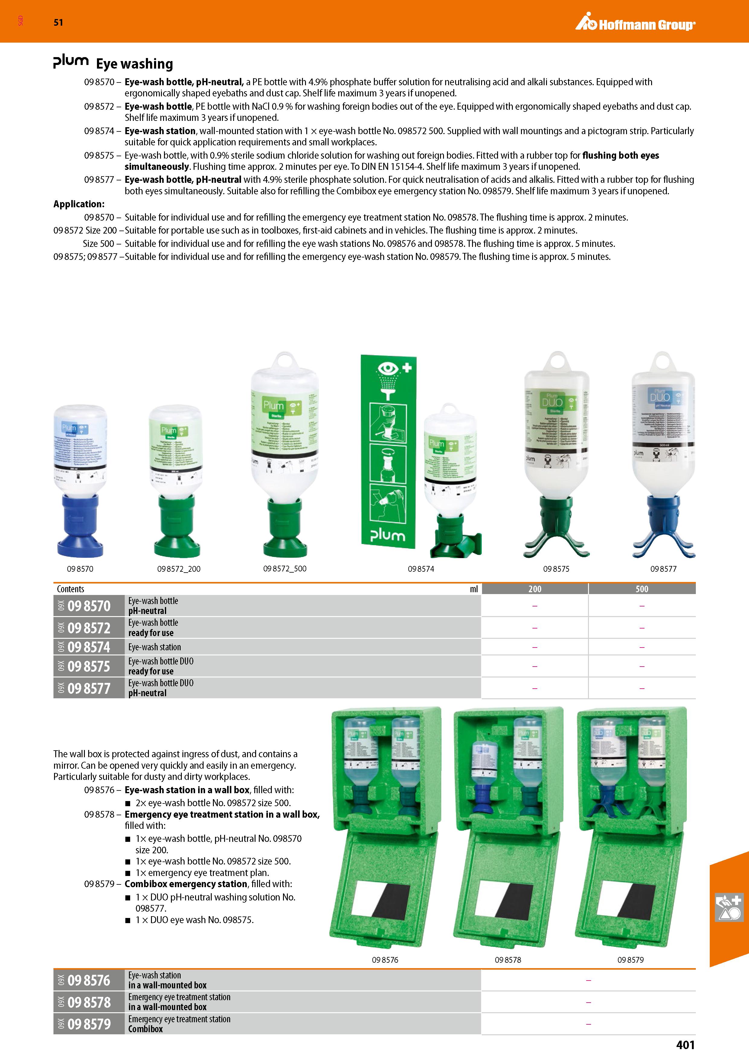 401 SGD Hoffmann Group 51 plum Eye washing 09 8570 - Eye-wash bottle, pH-neutral, a PE bottle with 4 9% phosphate buffer solution for neutralising ac Каталог HOFFMANN GROUP 2020 Средства индивидуальной защиты органов зрения дыхания кожи СИЗ от поражения электрическим током шума Защитные перчатки Очки Специальная одежда Стр. 401
