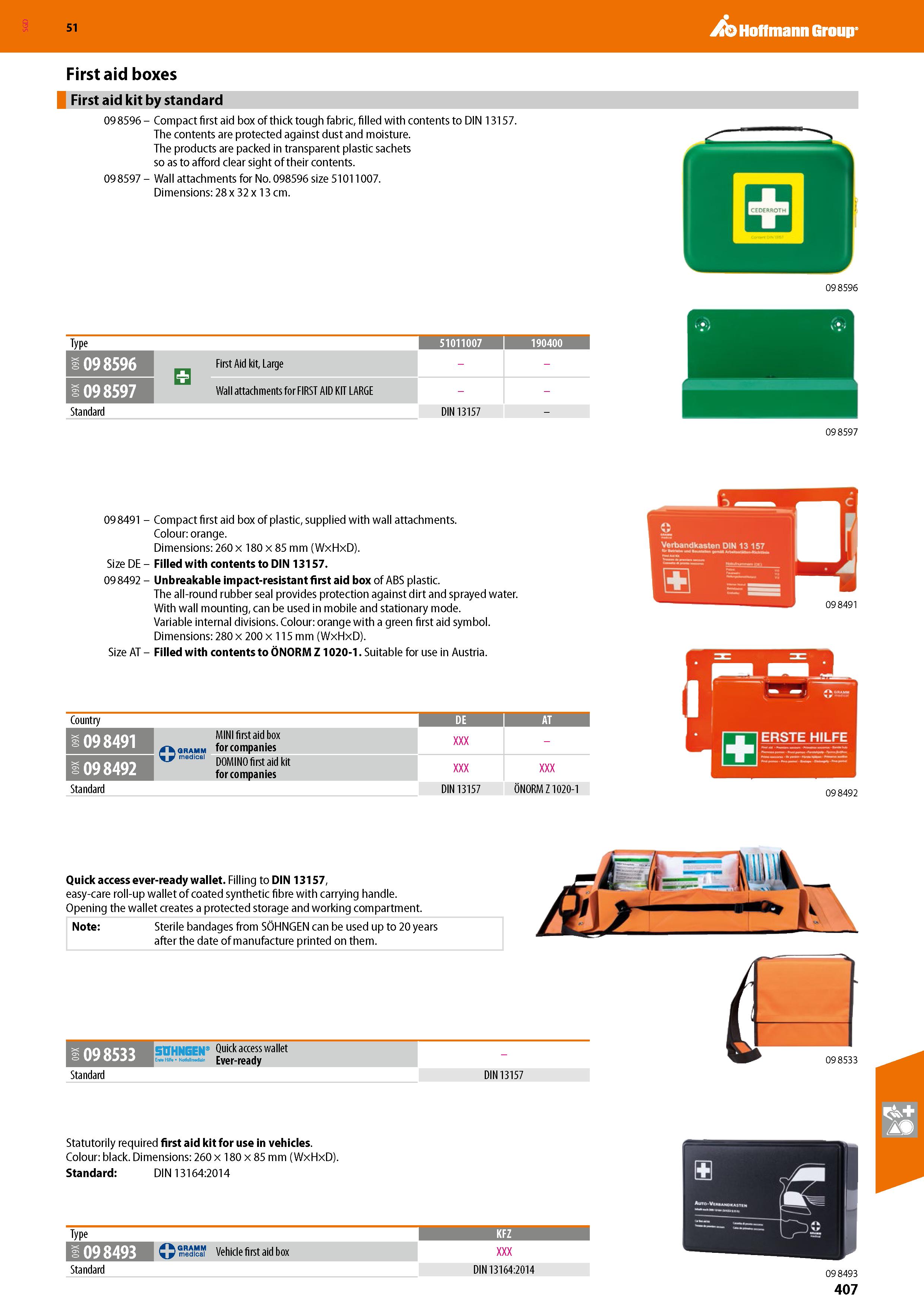 407 SGD Hoffmann Group 51 First aid boxes First aid kit by standard 09 8596 - Compact first aid box of thick tough fabric, filled with contents to DI Каталог HOFFMANN GROUP 2020 Средства индивидуальной защиты органов зрения дыхания кожи СИЗ от поражения электрическим током шума Защитные перчатки Очки Специальная одежда Стр. 407