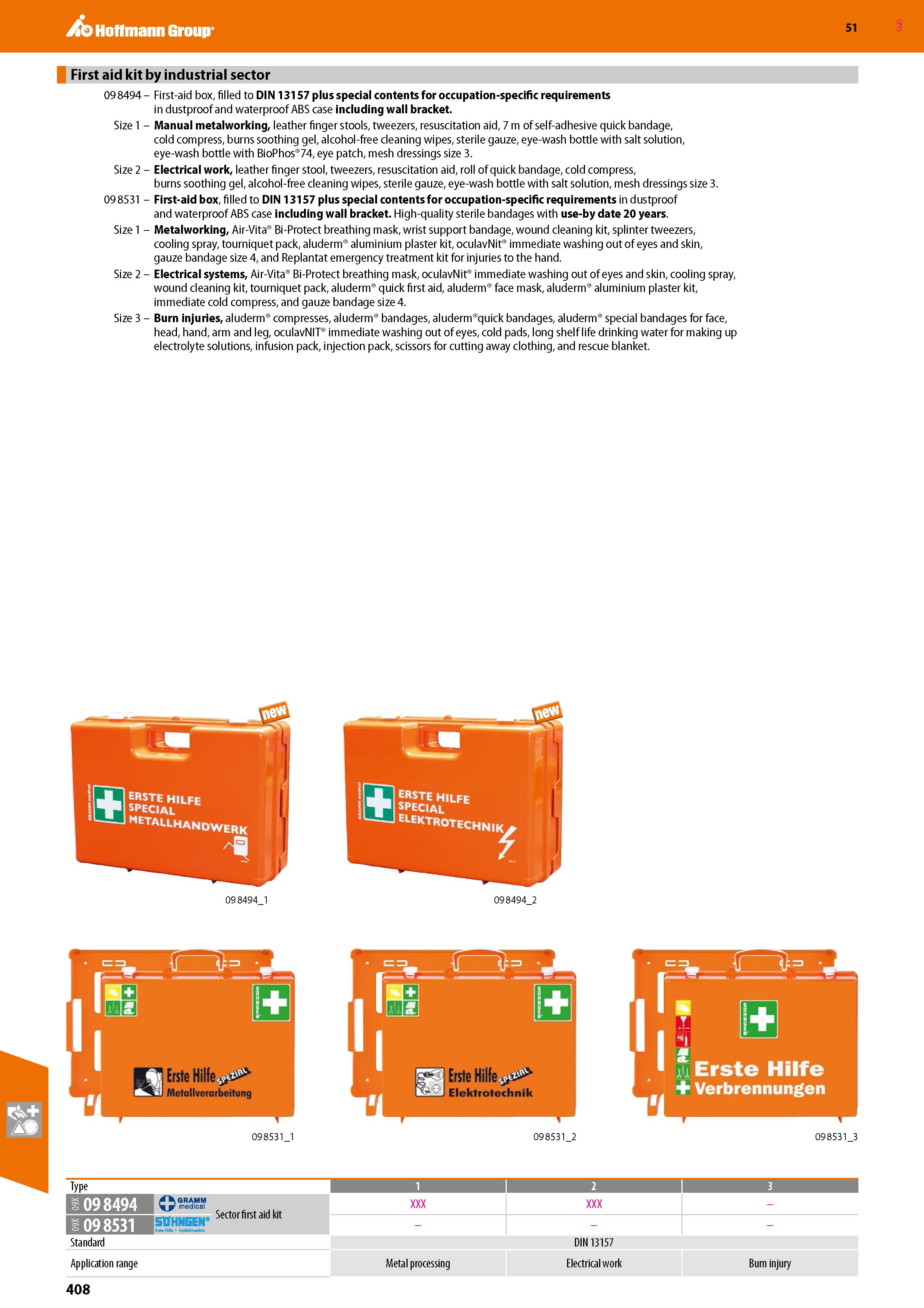 408 Hoffmann Group 51 First aid kit by industrial sector 09 8494 - First-aid box, filled to DIN 13157 plus special contents for occupation-specific r Каталог HOFFMANN GROUP 2020 Средства индивидуальной защиты органов зрения дыхания кожи СИЗ от поражения электрическим током шума Защитные перчатки Очки Специальная одежда Стр. 408