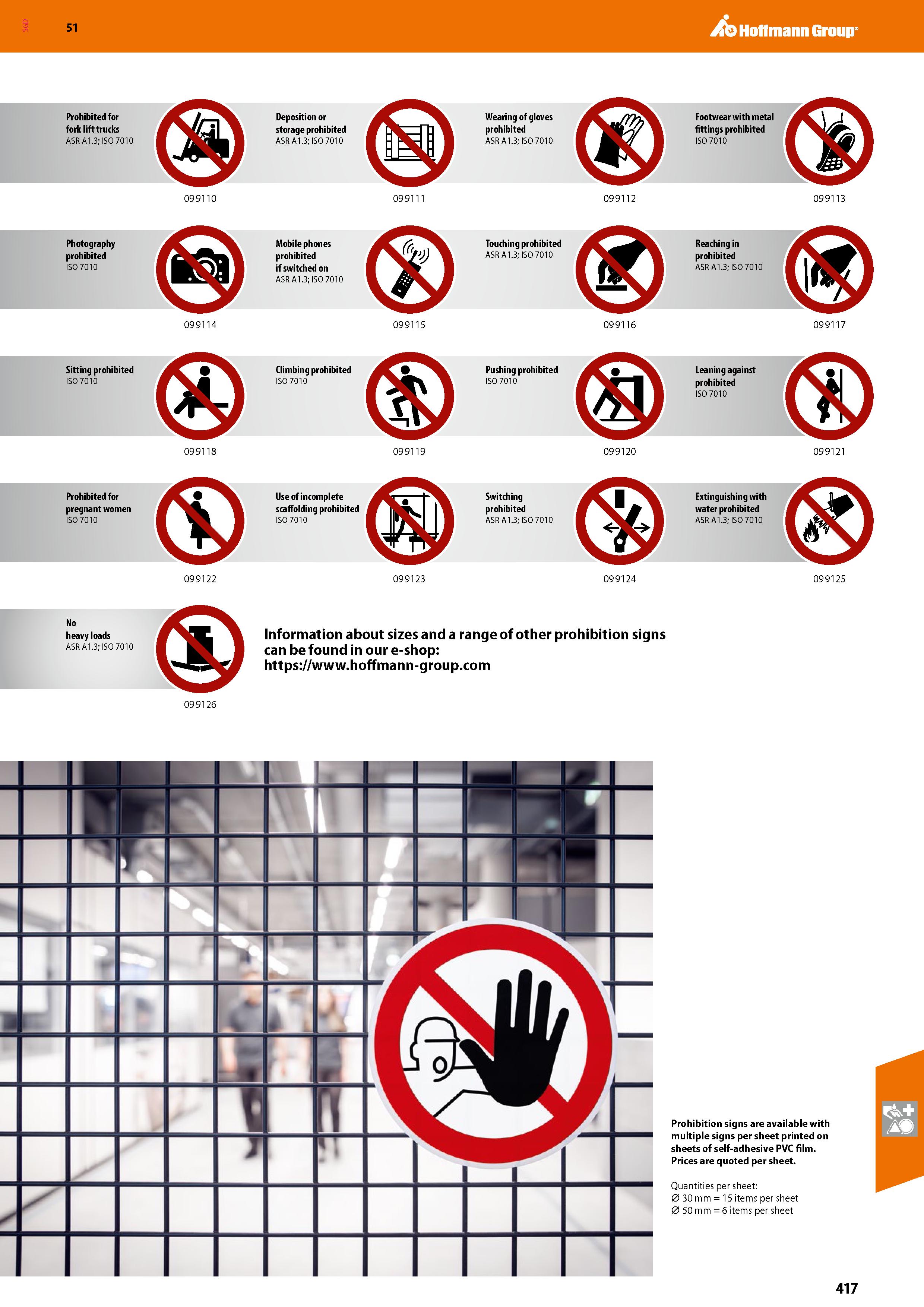 417 Hoffmann Group 51 Prohibited for fork lift trucks ASR A1 3; ISO 7010 Deposition or storage prohibited ASR A1 3; ISO 7010 Wearing of gloves prohib Каталог HOFFMANN GROUP 2020 Средства индивидуальной защиты органов зрения дыхания кожи СИЗ от поражения электрическим током шума Защитные перчатки Очки Специальная одежда Стр. 417