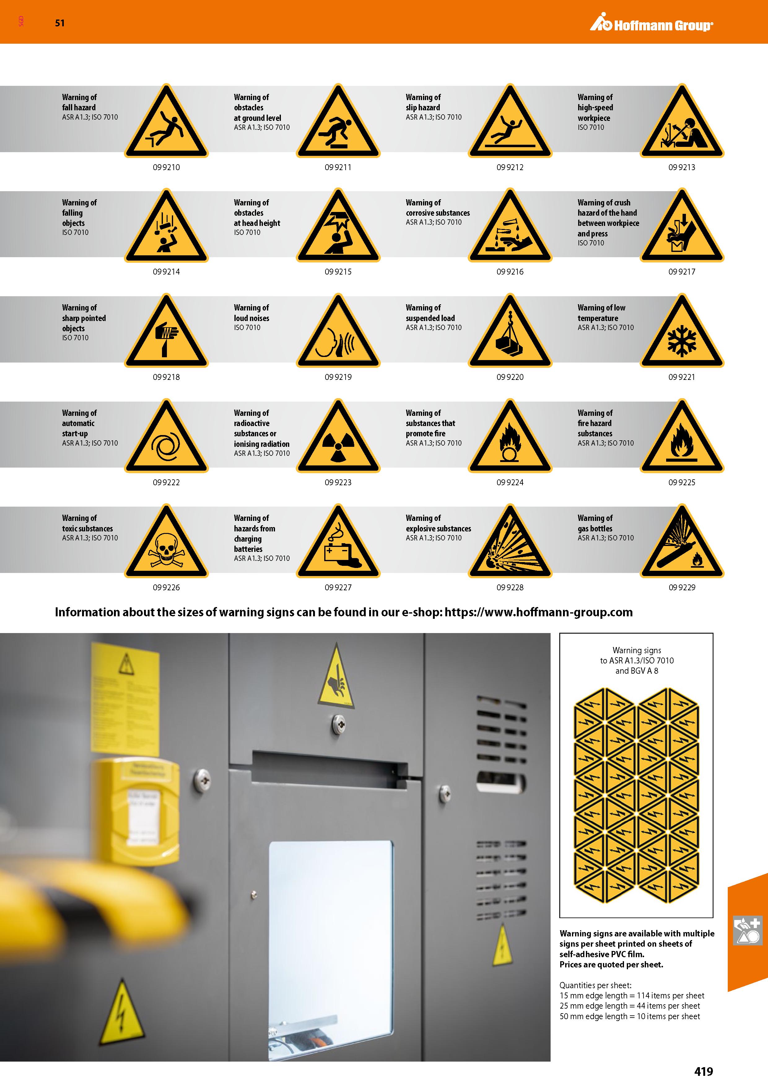 419 SGD Hoffmann Group 51 Warning of fall hazard ASR A1 3; ISO 7010 A Warning of obstacles at ground level ASR A1 3; ISO 7010 Warning of slip hazard Каталог HOFFMANN GROUP 2020 Средства индивидуальной защиты органов зрения дыхания кожи СИЗ от поражения электрическим током шума Защитные перчатки Очки Специальная одежда Стр. 419