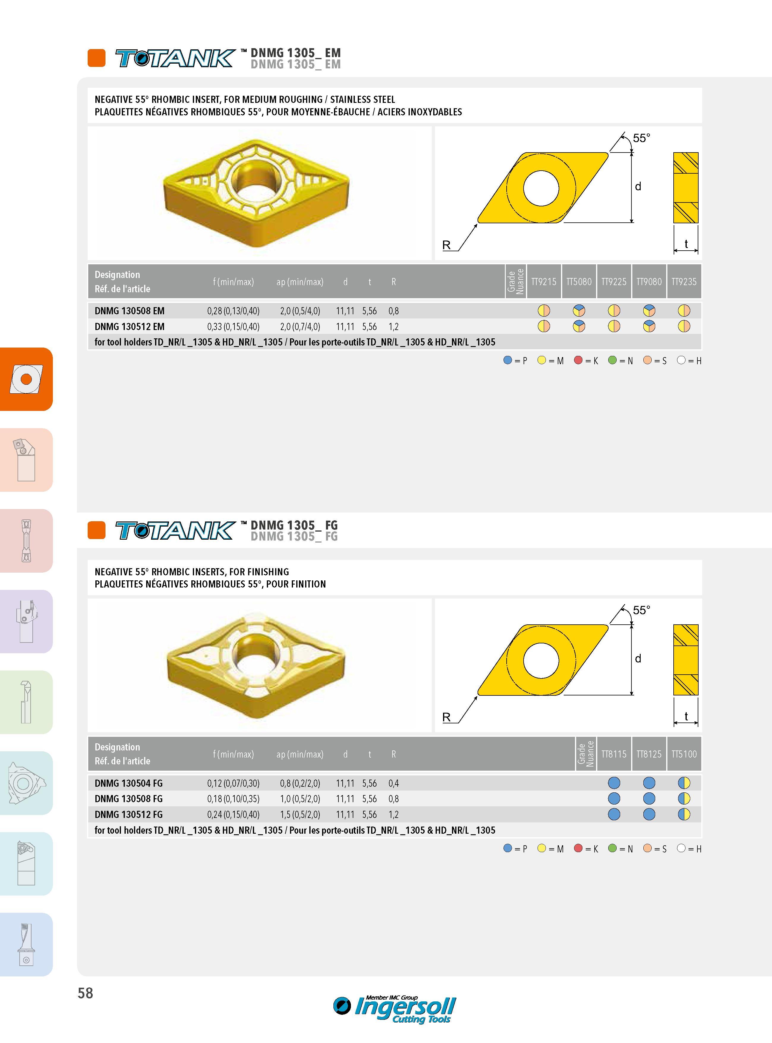 58 DNMG 1305_ EM DNMG 1305 EM NEGATIVE 55° RHOMBIC INSERT, FOR MEDIUM ROUGHING / STAINLESS STEEL PLAQUETTES NÉGATIVES RHOMBIQUES 55°, POUR MOYENNE-ÉBAUCHE Каталог INGERSOLL 2015 Металлорежущий токарный инструмент Резцы Державки Сменные режущие многогранные пластины для точения на станках Стр. 58 ENG FRA